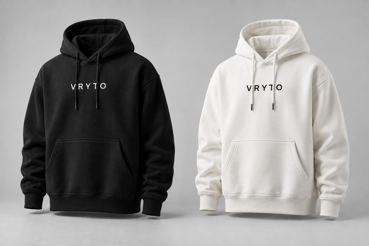 AI merchandise concept featuring black and white VRYTO hoodies