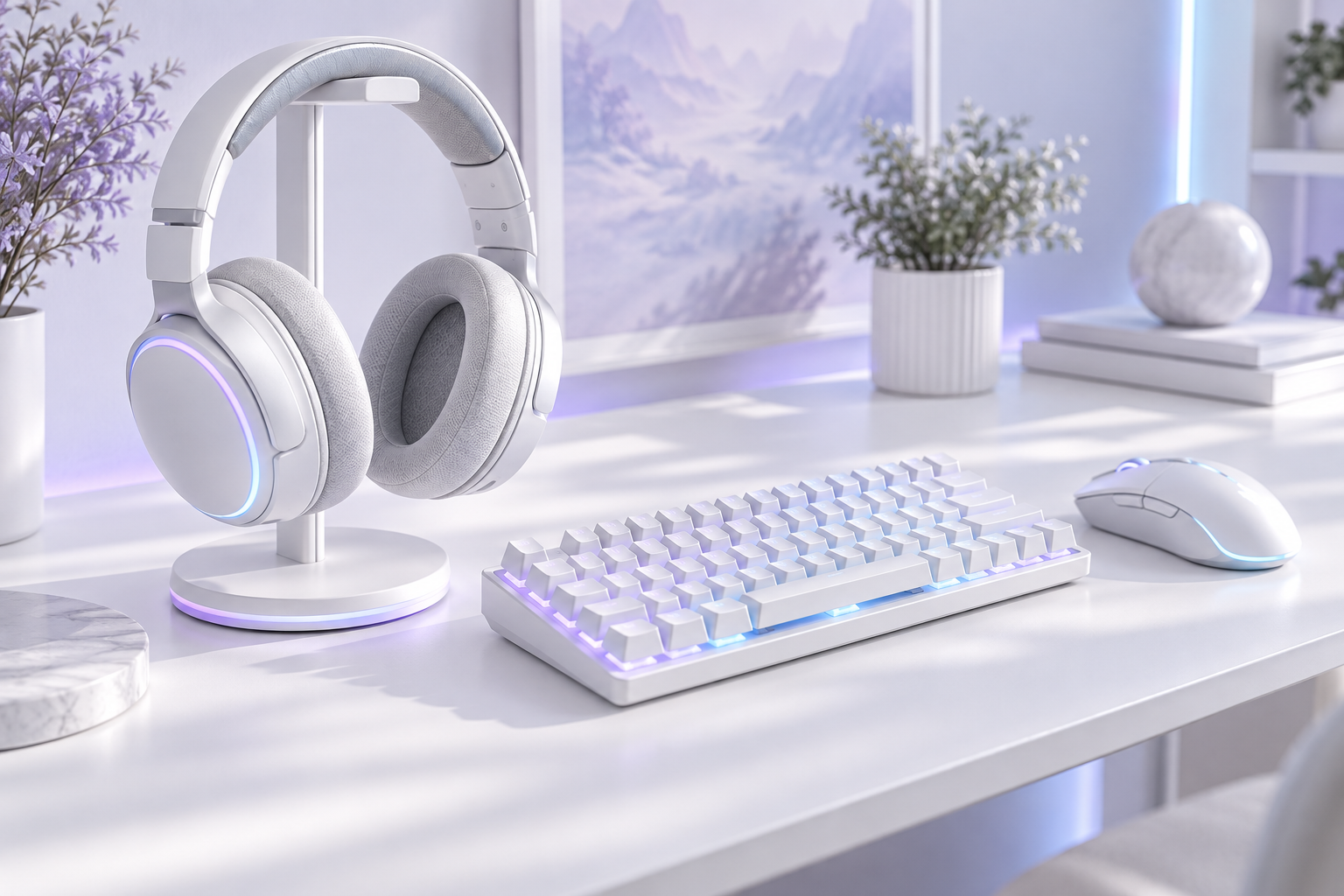 AI-created white gaming headset, keyboard and mouse with soft lavender lighting