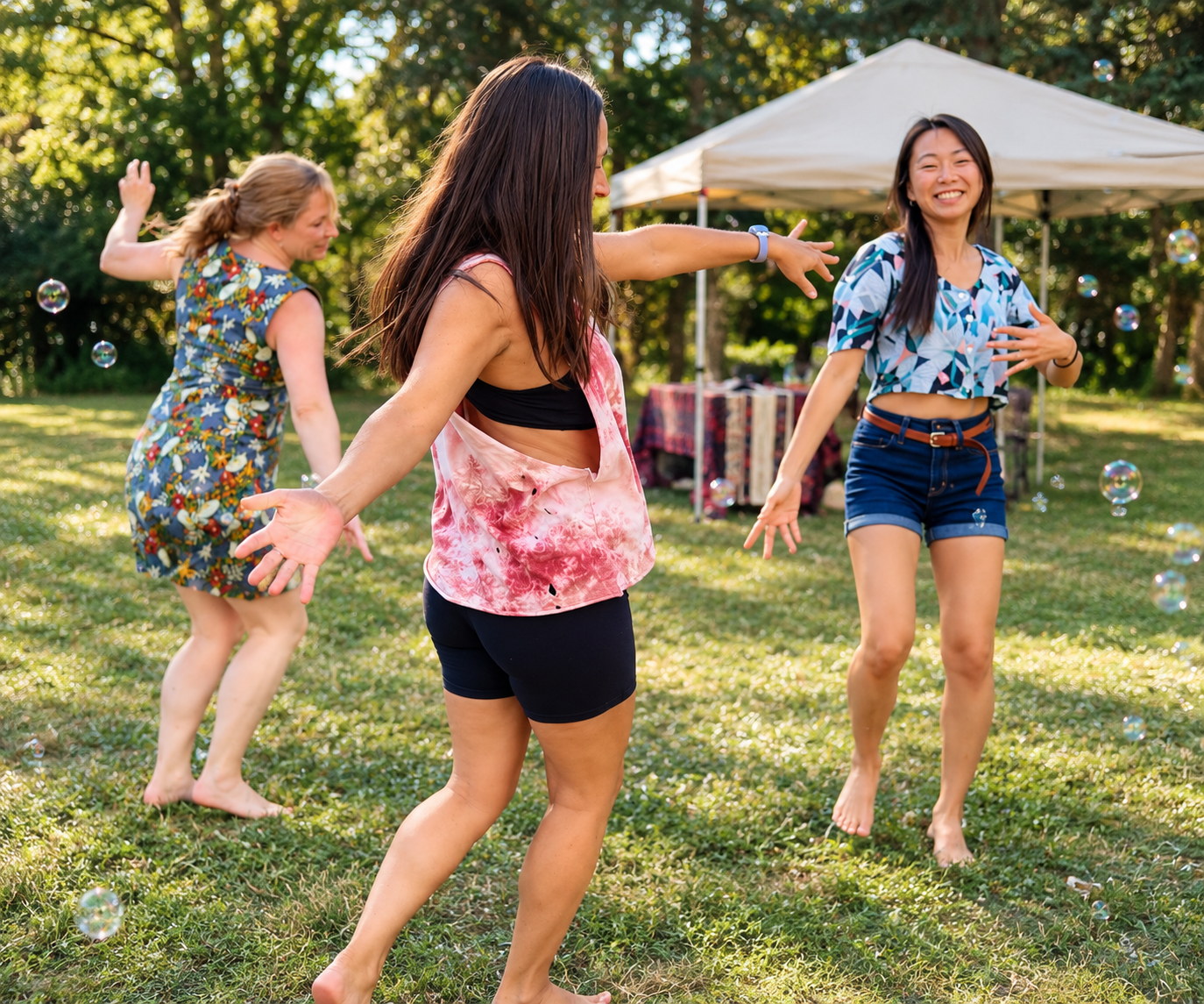 Tara Akuna enjoying an outdoor movement and laughter event in Waterloo