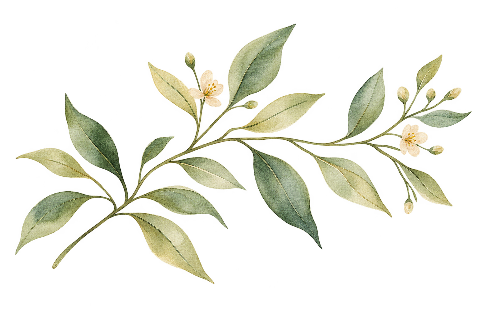 Watercolor botanical branch with soft green leaves and delicate cream flowers.