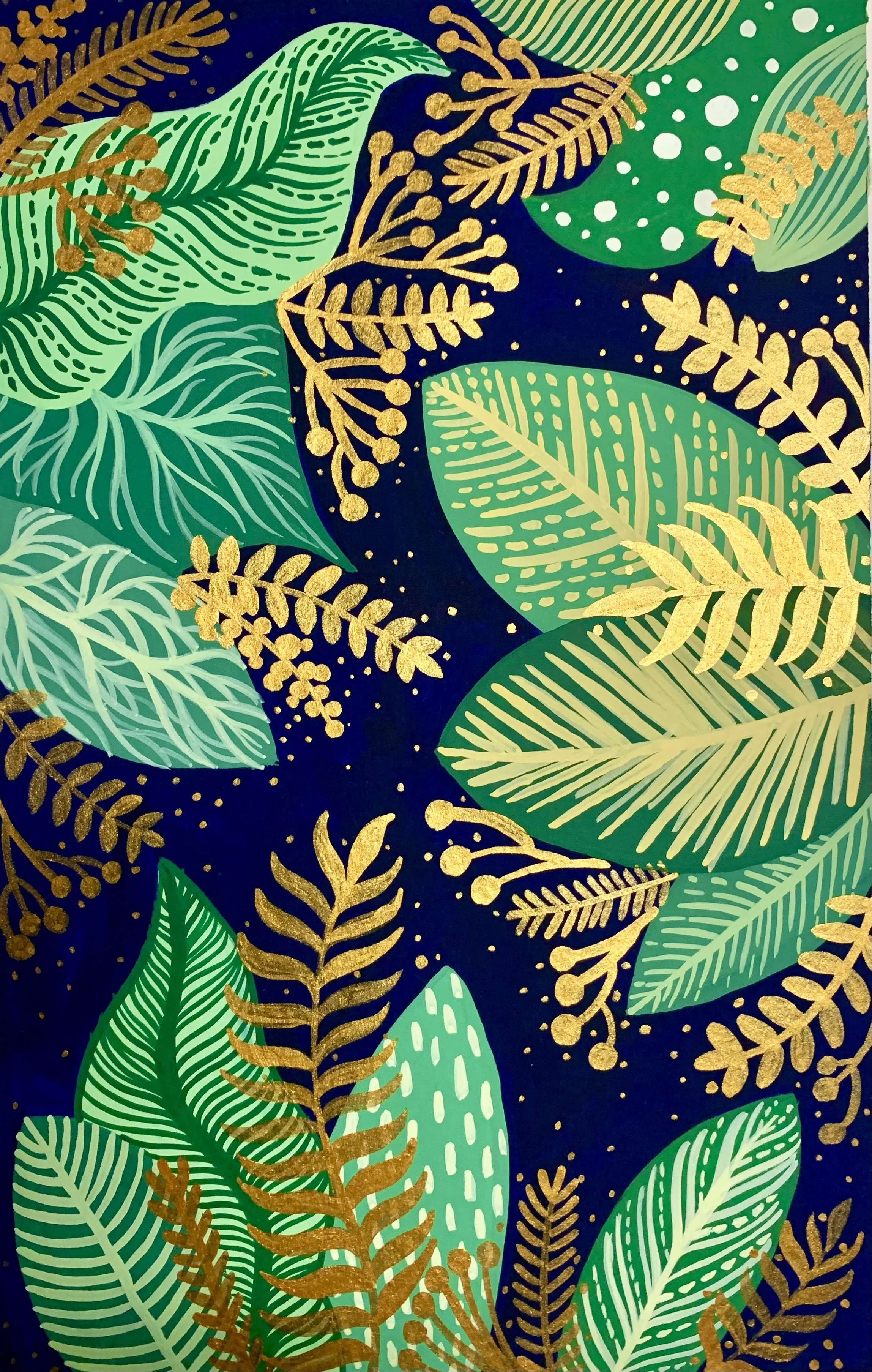 Pattern of green and gold tropical leaves on a dark background.