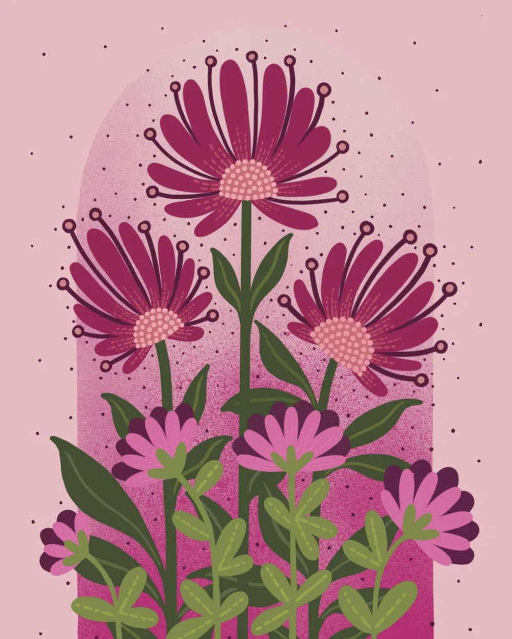 Digital illustration of pink and purple flowers with green leaves on a pink background.