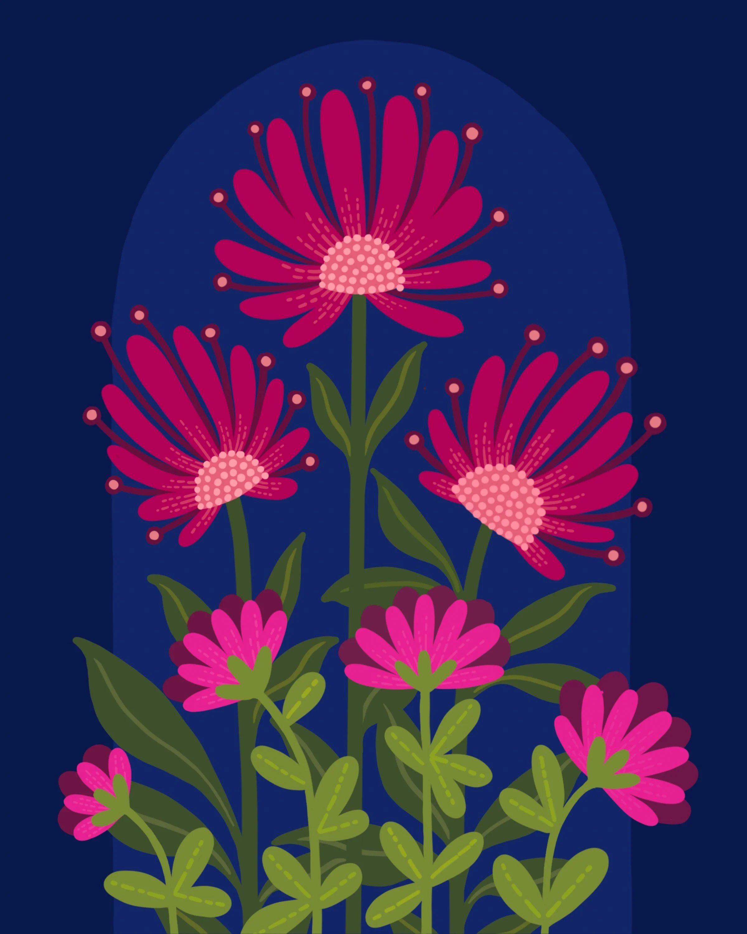 Stylized illustration of pink and purple flowers with green leaves on a dark blue background.