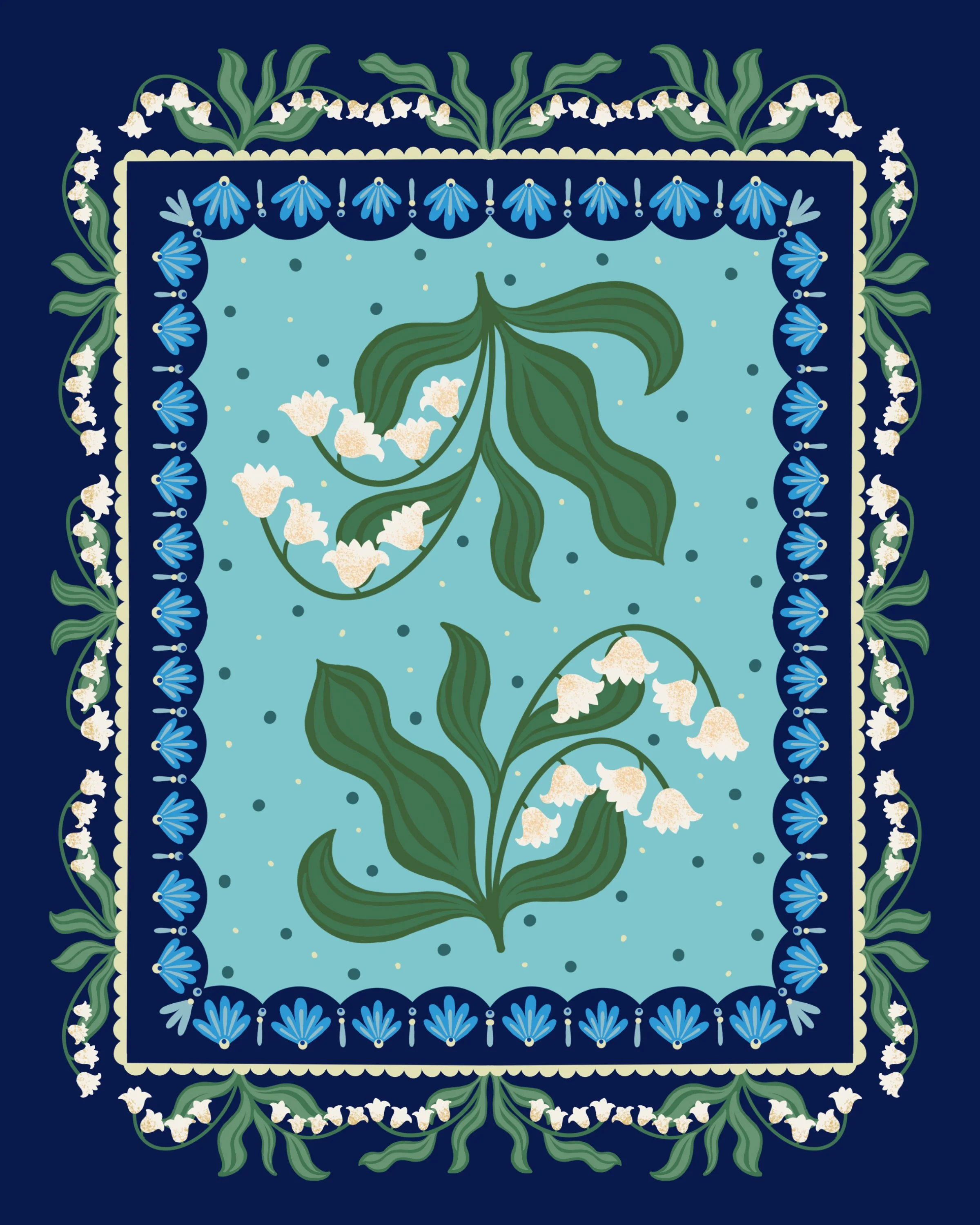 A decorative textile pattern featuring white lily of the valley flowers with green leaves, bordered with a blue and cream floral design on a dark background.
