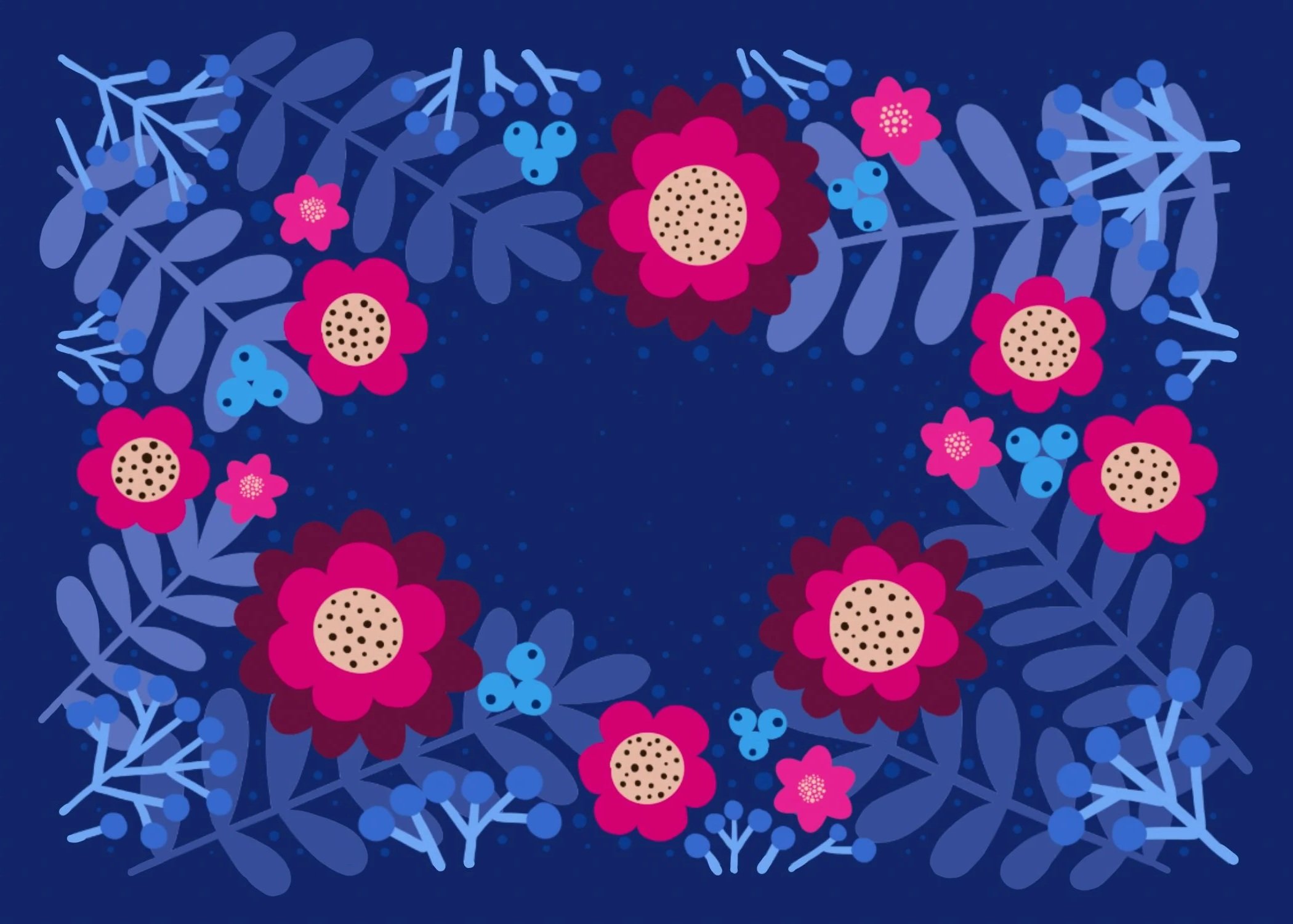 A digital illustration of pink and maroon flowers with beige centers and small blue berries, surrounded by bluish-green leaves on a dark blue background.