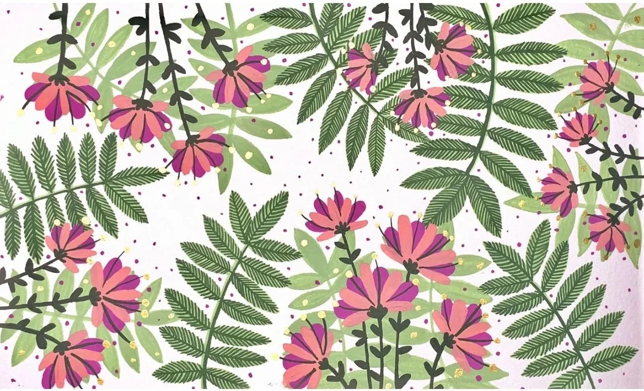 Pattern of pink and purple flowers with green fern leaves and small yellow accents on a white background.