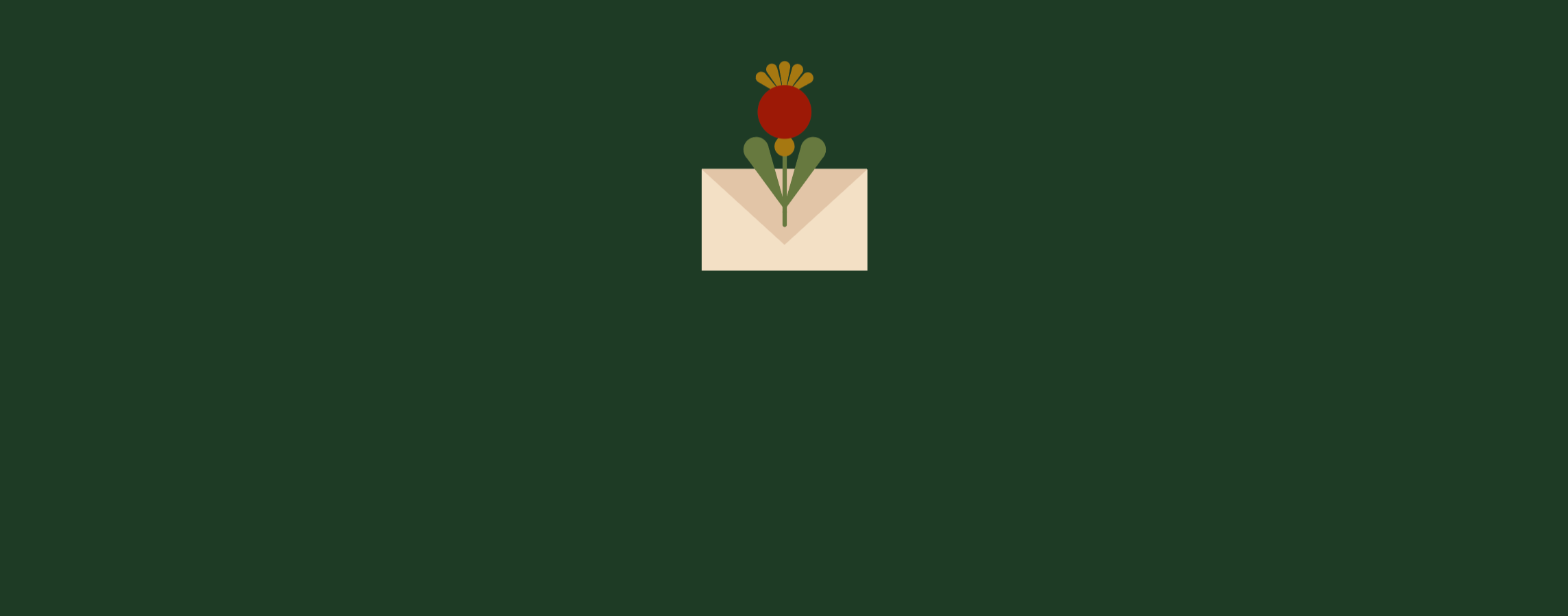 A graphic illustration of a small envelope with a red flower inside against a dark green background.