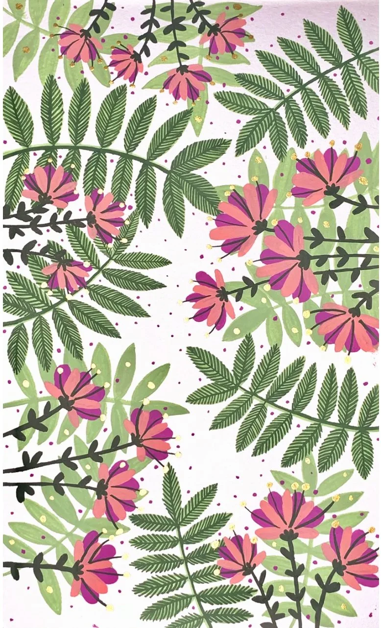 Illustration of green fern and palm leaves with pink and purple flowers, and small yellow dots on a light background.