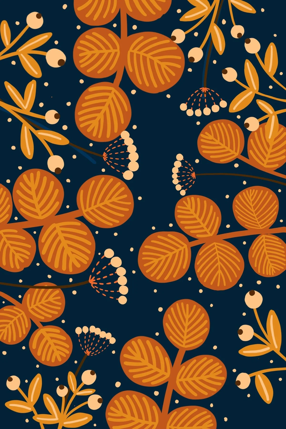 A repeating pattern of stylized orange leaves, white berries with brown centers, and small dots on a dark blue background.