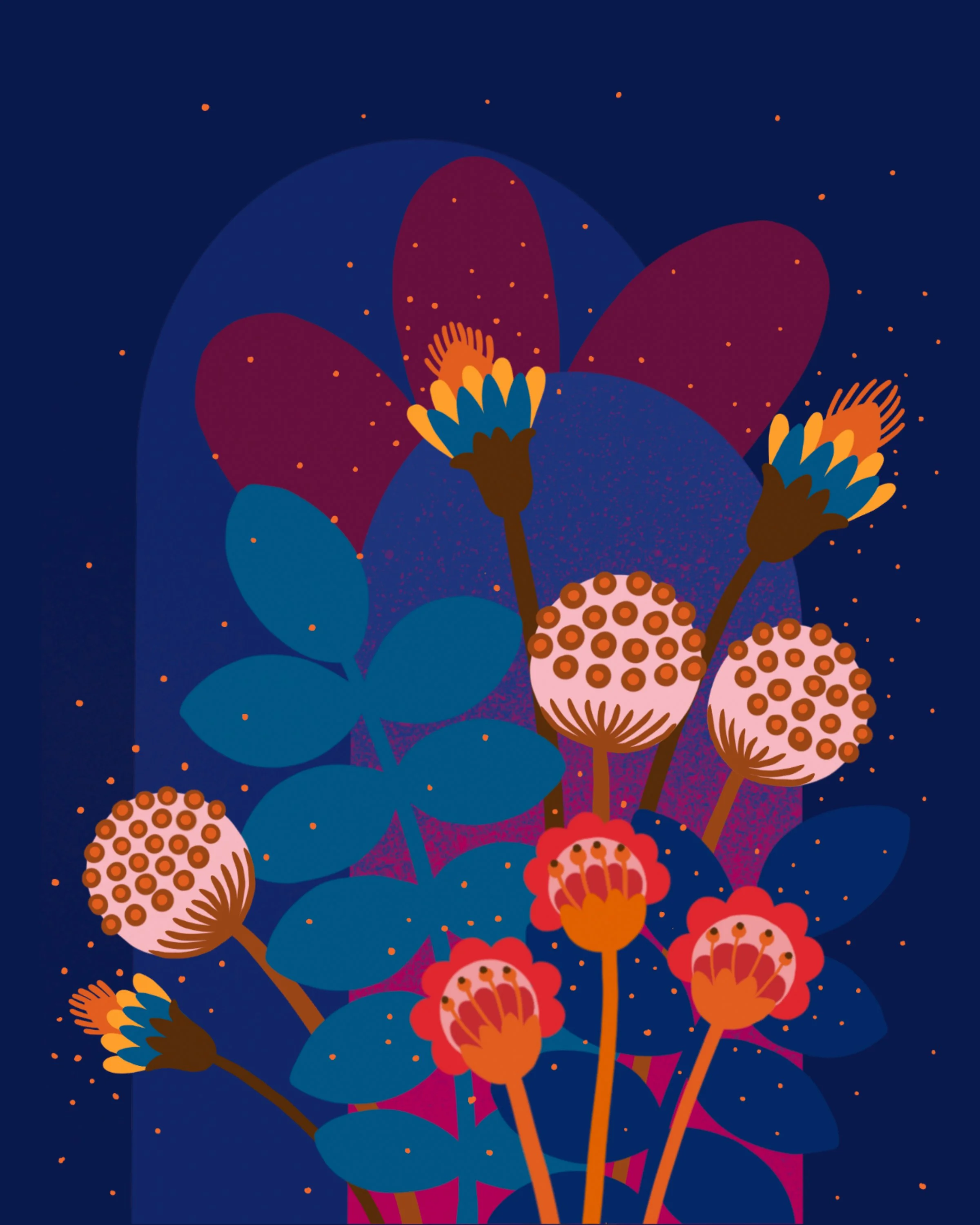 Abstract floral illustration with dark blue background, large stylized flowers, blue and red petals, brown stems, and small orange dots resembling flower pollen or stars.