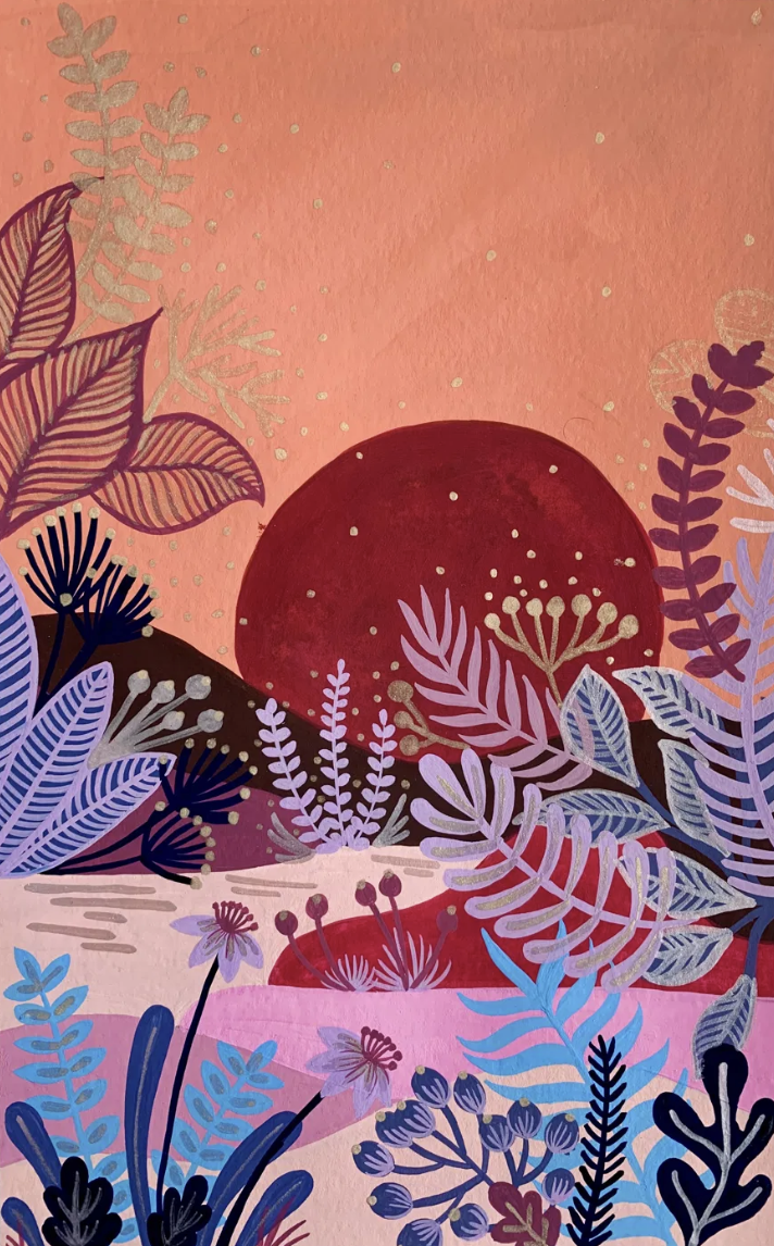 Abstract landscape depicting a large red sun setting or rising over hills with colorful plants and leaves in purple, blue, black, and beige, on a pink background with gold accents.