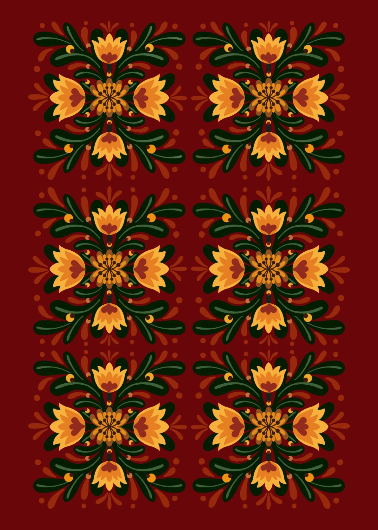 Pattern of yellow and orange flowers with green leaves on a dark red background.