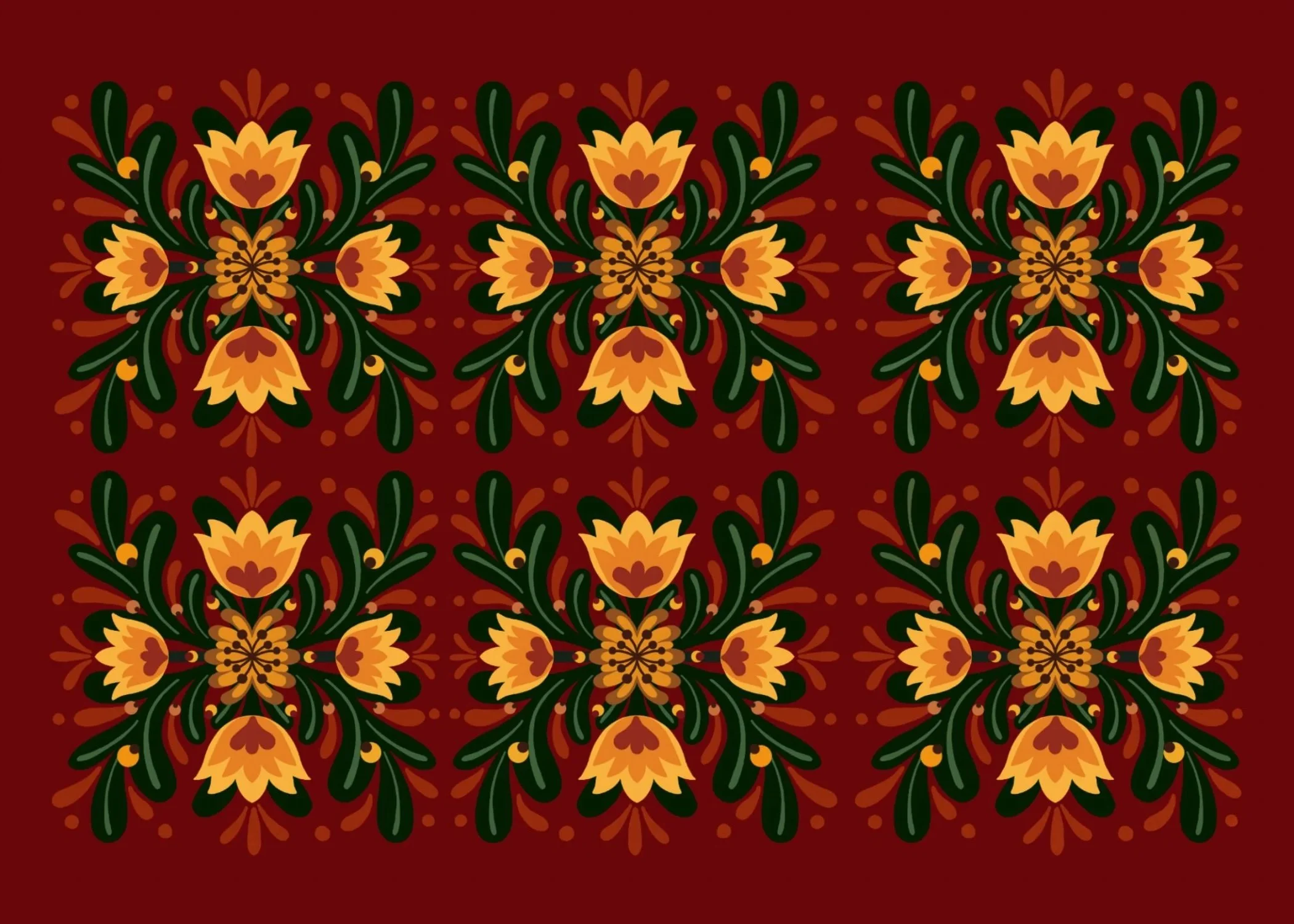 A repeating floral pattern with yellow and orange flowers, green leaves, and brown accents on a dark red background.