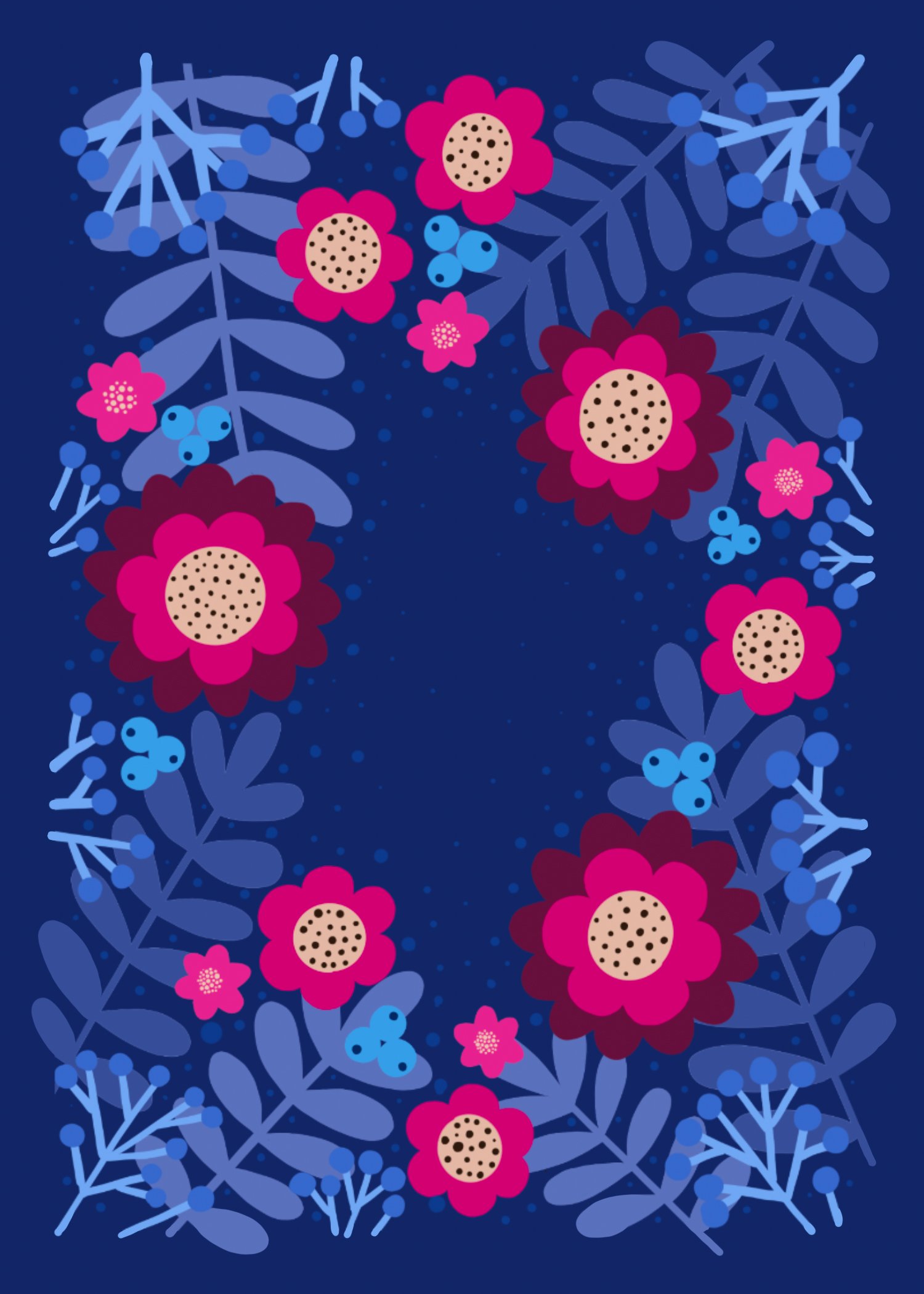 Pattern of purple and pink flowers with alternating dark pink centers, surrounded by blue foliage and small blue berries on a dark blue background.