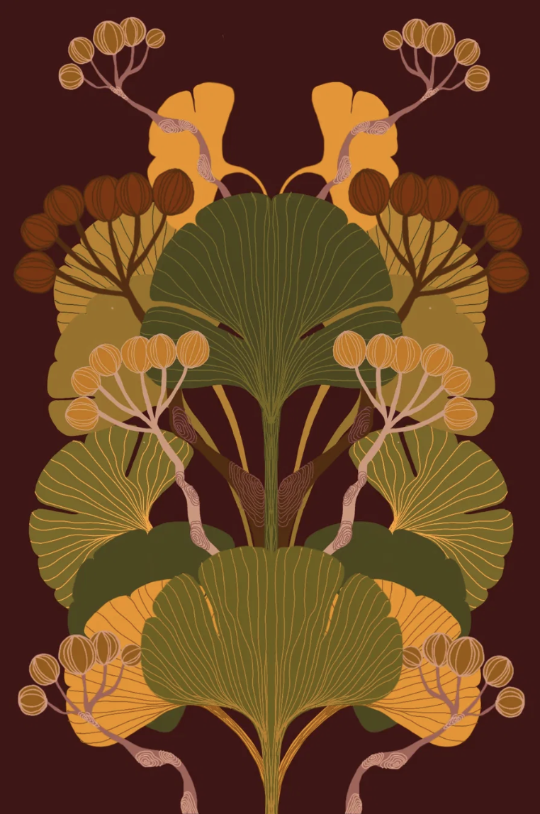 Symmetrical digital illustration of stylized plants with large green and yellow leaves and round orange buds or fruit, set against a dark background.