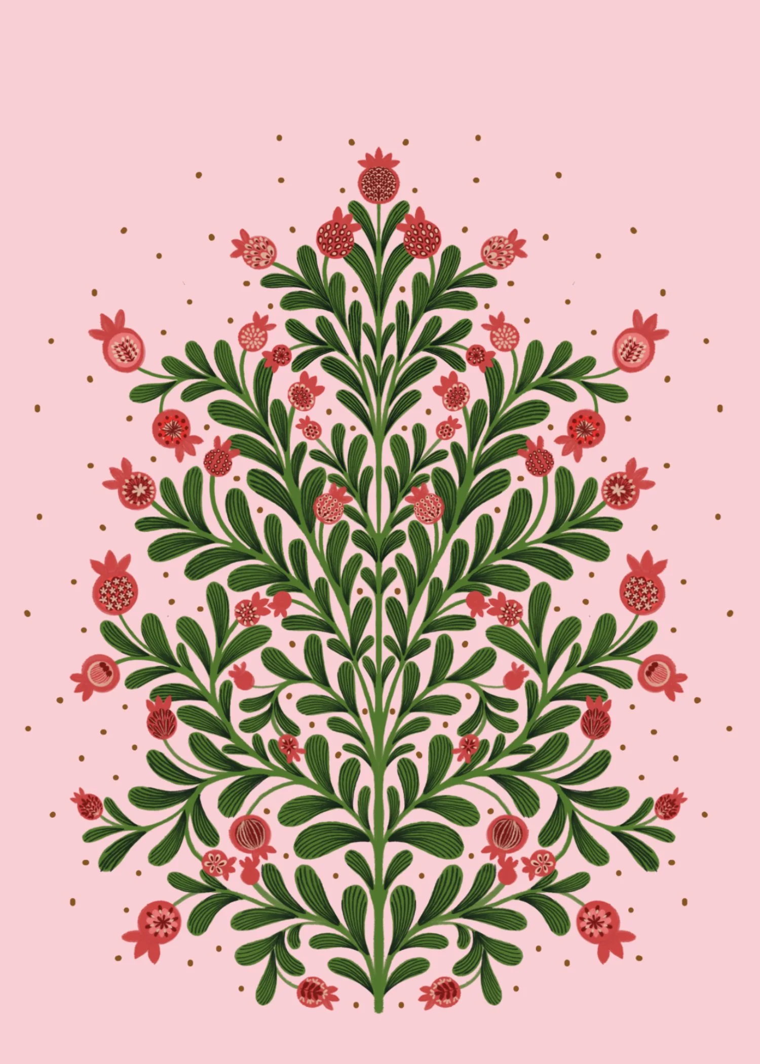 Decorative floral pattern with pink flowers and green leaves on a light pink background.