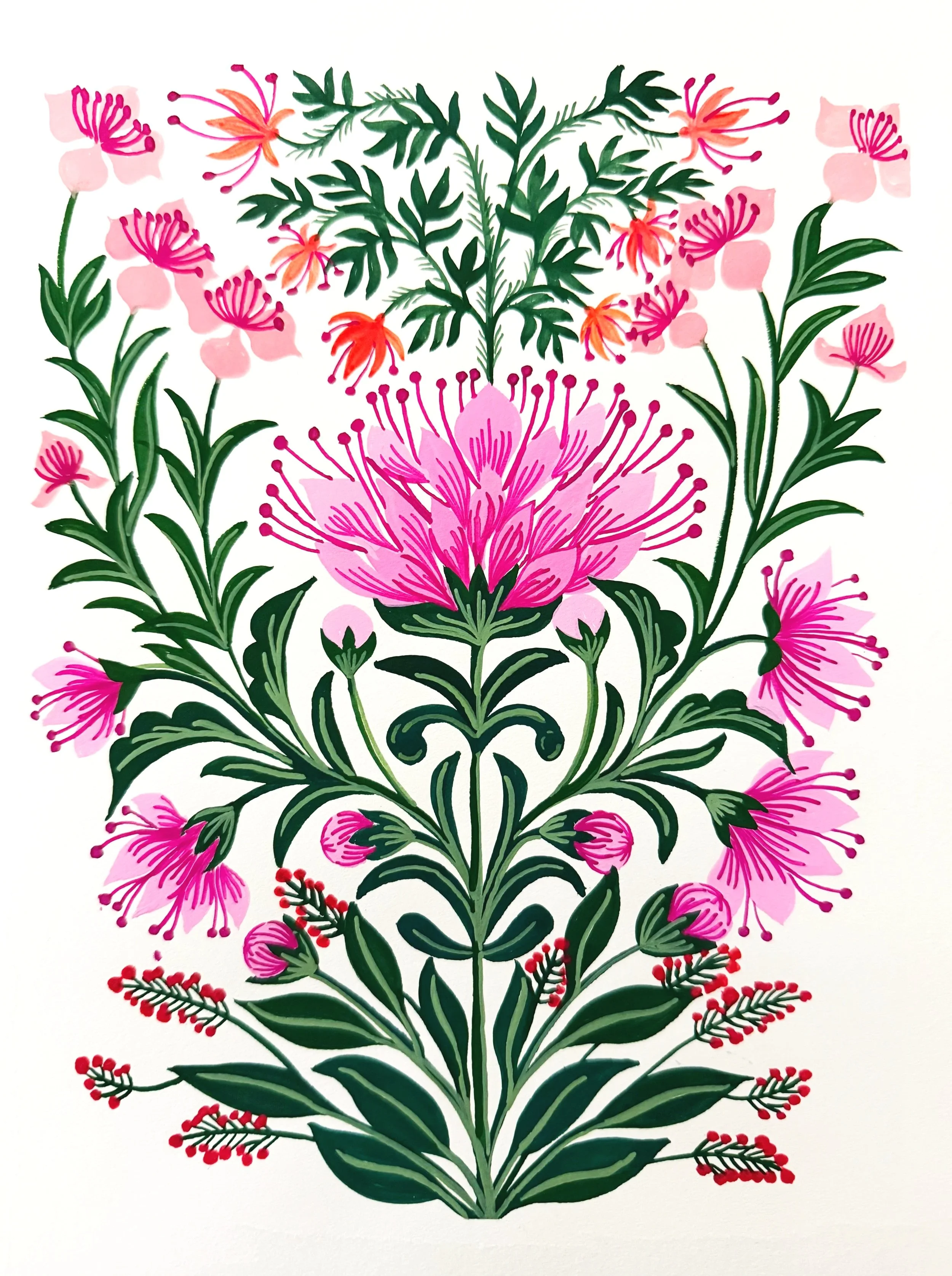 A colorful illustration of a symmetrical floral design featuring pink and red flowers with green leaves on a white background.