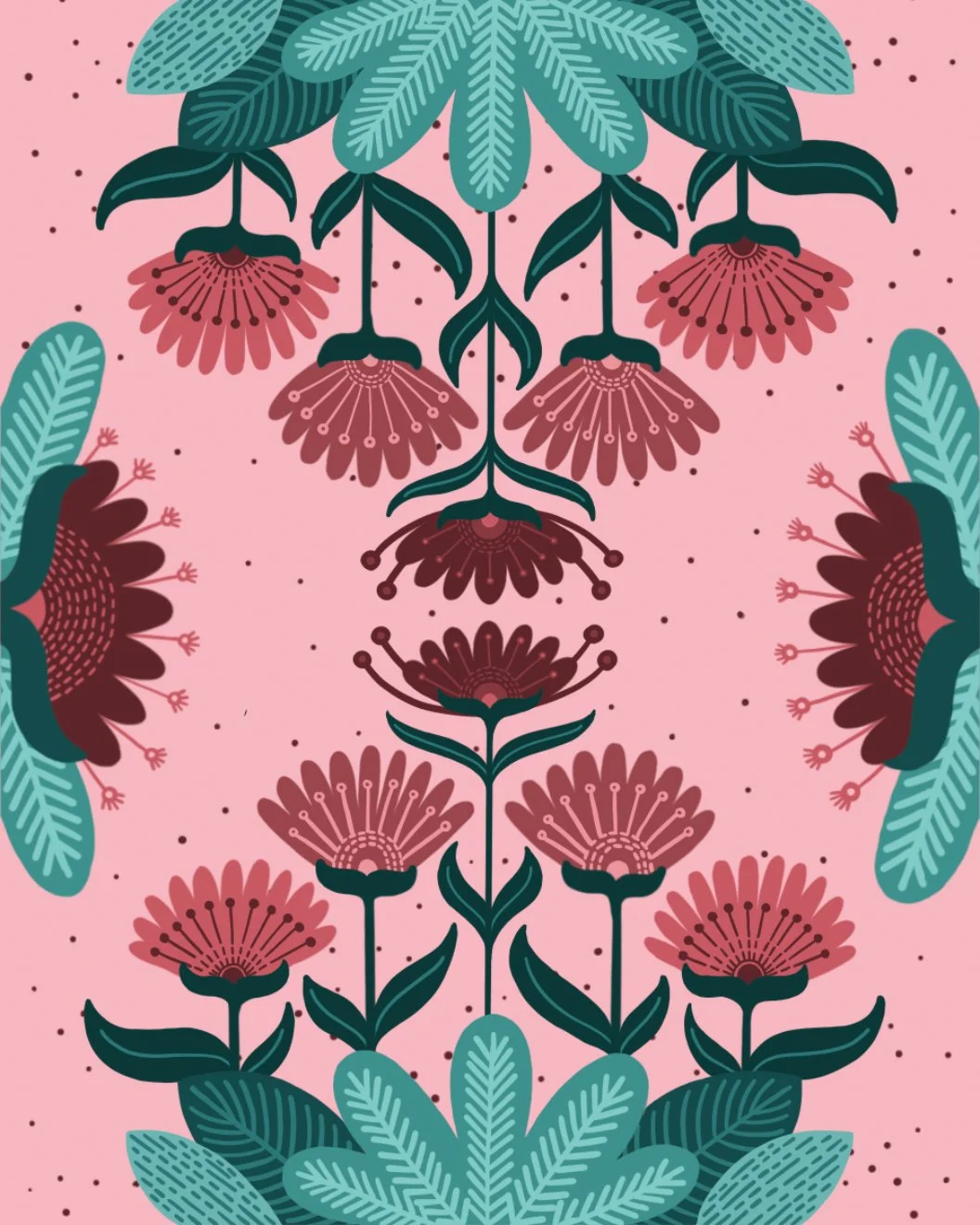 Symmetrical floral pattern with large pink and dark red flowers, green leaves, and small black dots on a pink background.