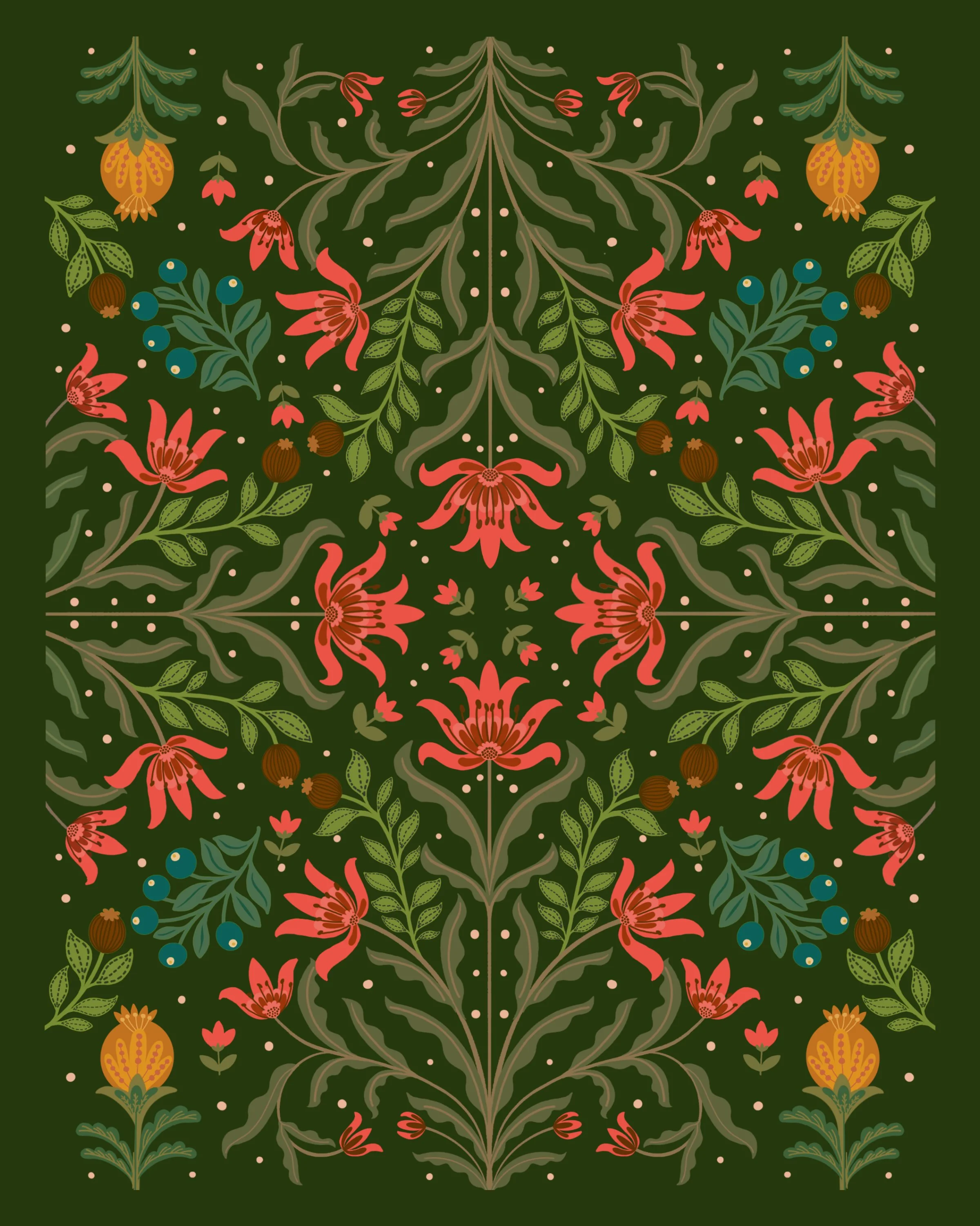 A symmetrical, decorative floral pattern with red, yellow, green, and blue flowers and leaves on a dark green background.
