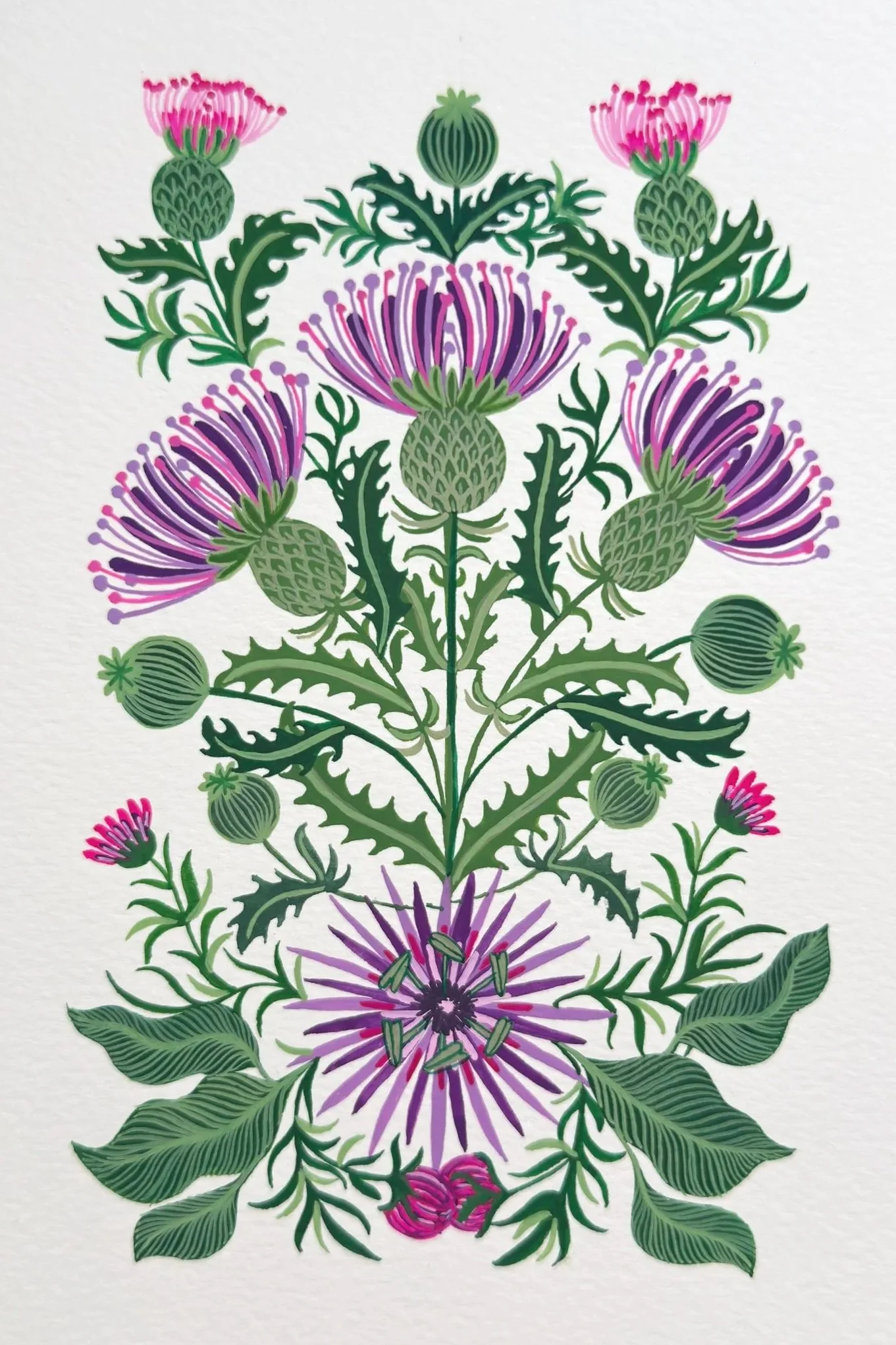 Illustration of a symmetrical, colorful flower arrangement with pink, purple, and green hues on a white background.