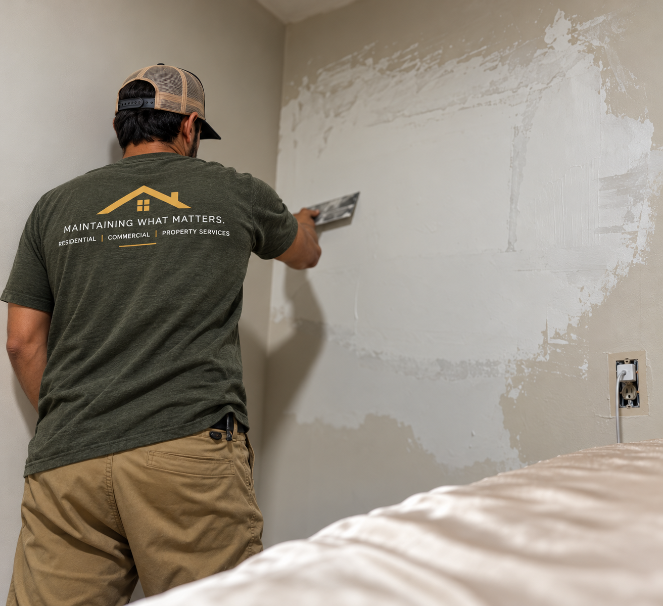 A man in a green t-shirt and khaki pants reglazing or repairing a wall with patches of plaster visible, while holding a scraper or trowel. He is facing away from the camera, with a partially exposed electrical outlet on the wall to his right.