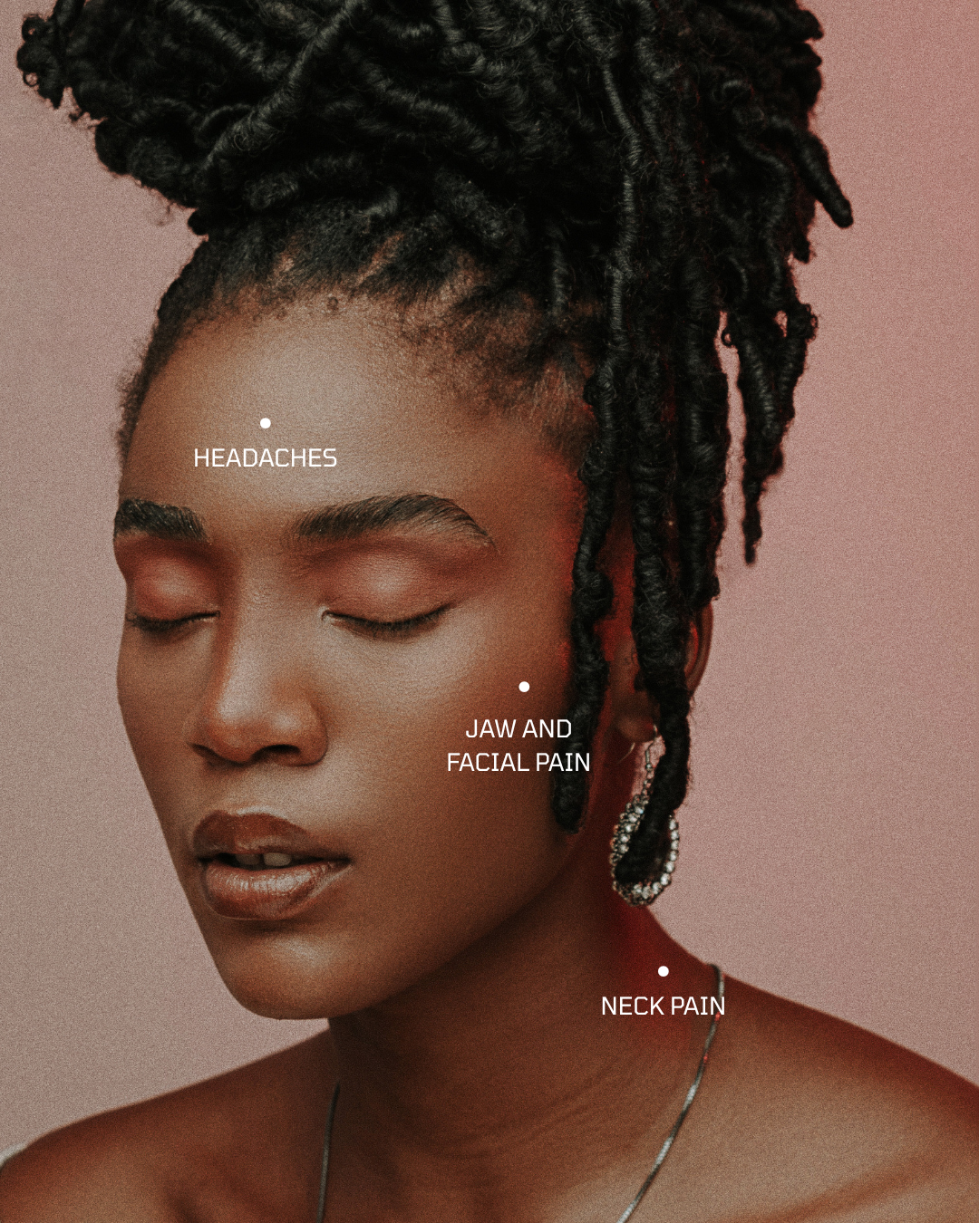 A woman with natural curly hair styled in twists, with a relaxed expression and closed eyes, highlighting areas of headaches, jaw and facial pain, and neck pain, all areas Dr. Gurinder focuses her care on.