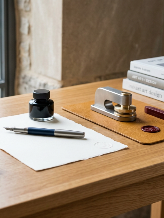 A wooden desk with a black ink bottle, a silver pen, a metal embosser, and a red wax seal.