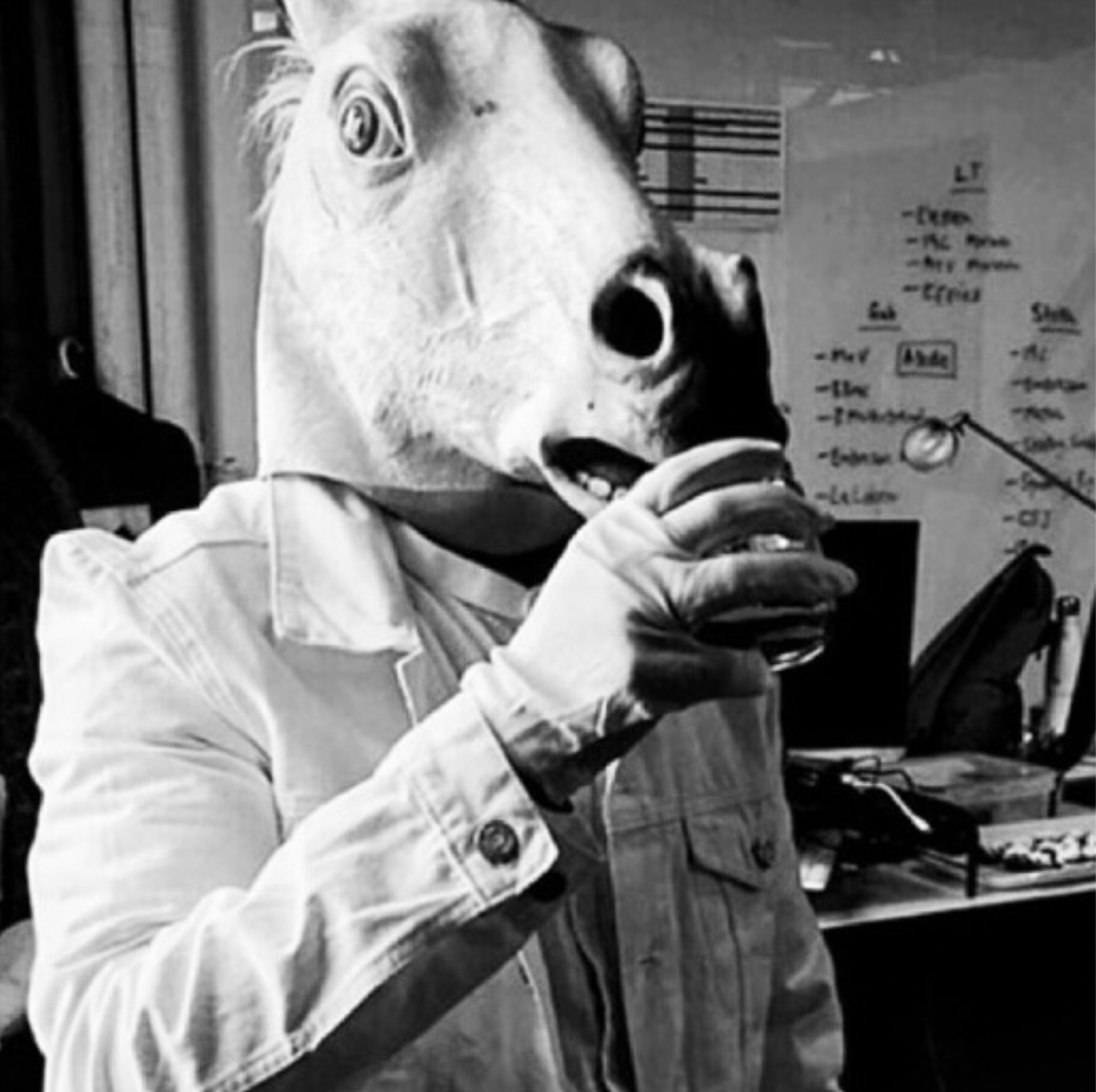Sean wearing a unicorn head mask dressed in all white/