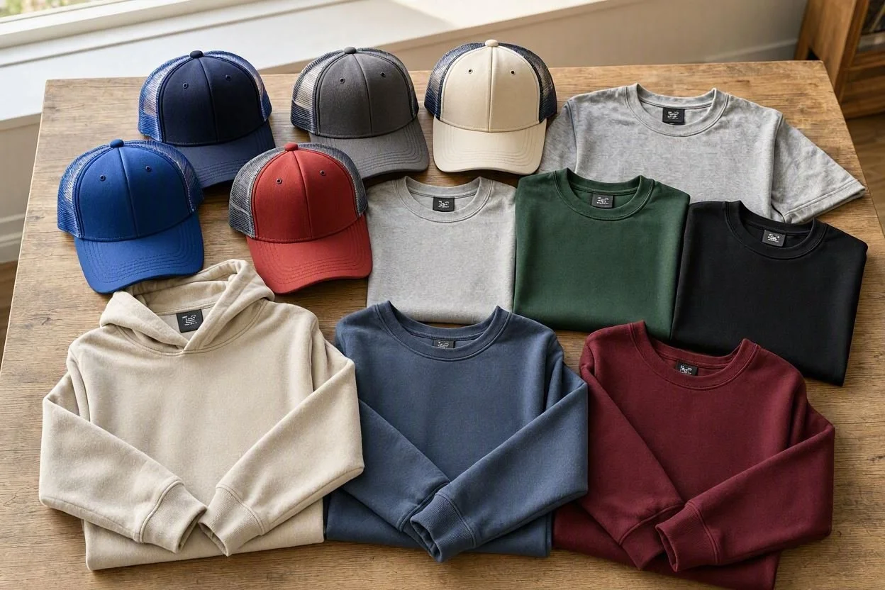 Multiple baseball caps and folded sweatshirts on a wooden table.