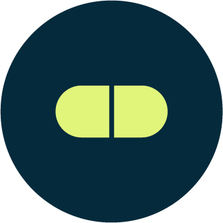 A dark circle with a yellow pill-shaped object in the center, divided into two halves.