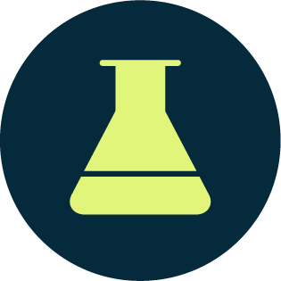 A light green laboratory flask icon on a dark blue circular background.
