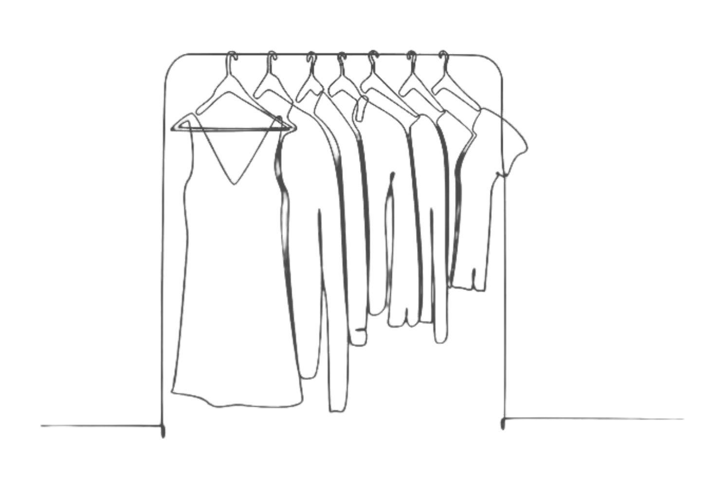 Outline of a clothing rack with several hanging garments, including dresses and shirts, depicted in a minimalist wireframe style.