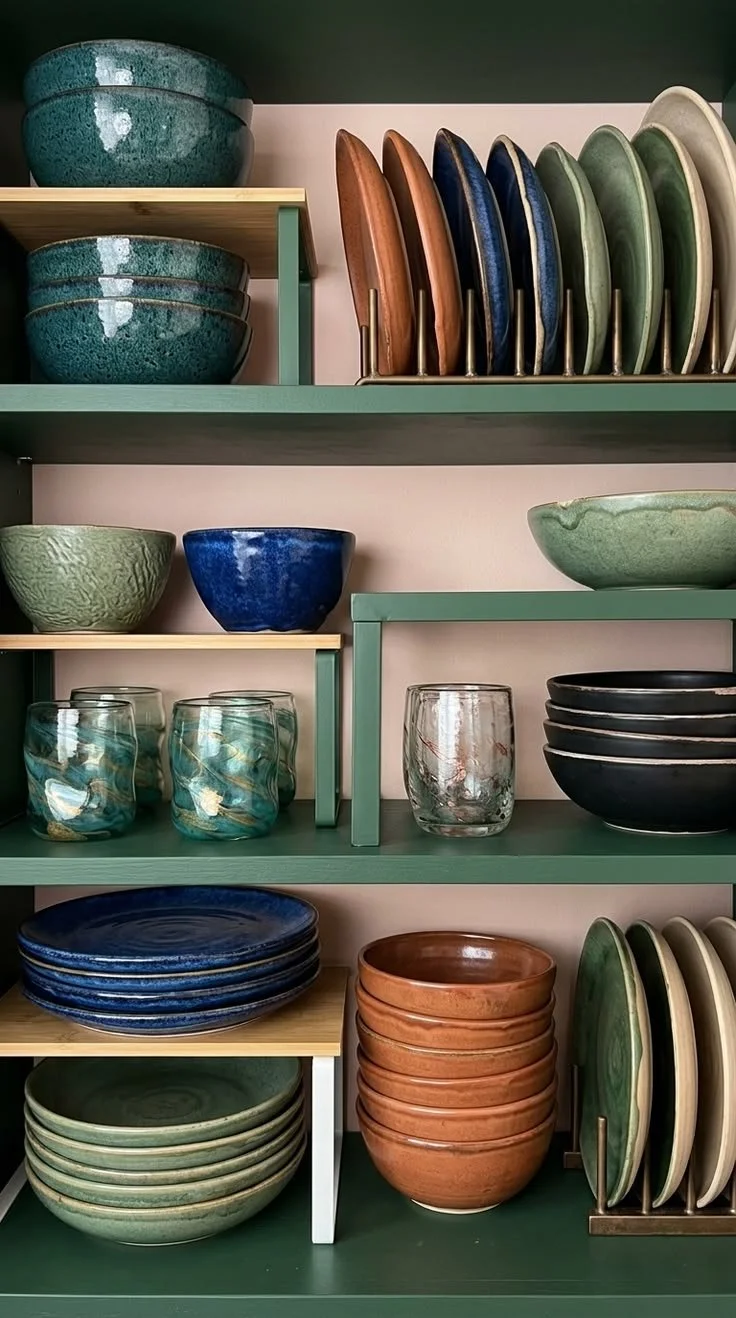 Colorful ceramic bowls, plates, and glasses organized on green shelves.