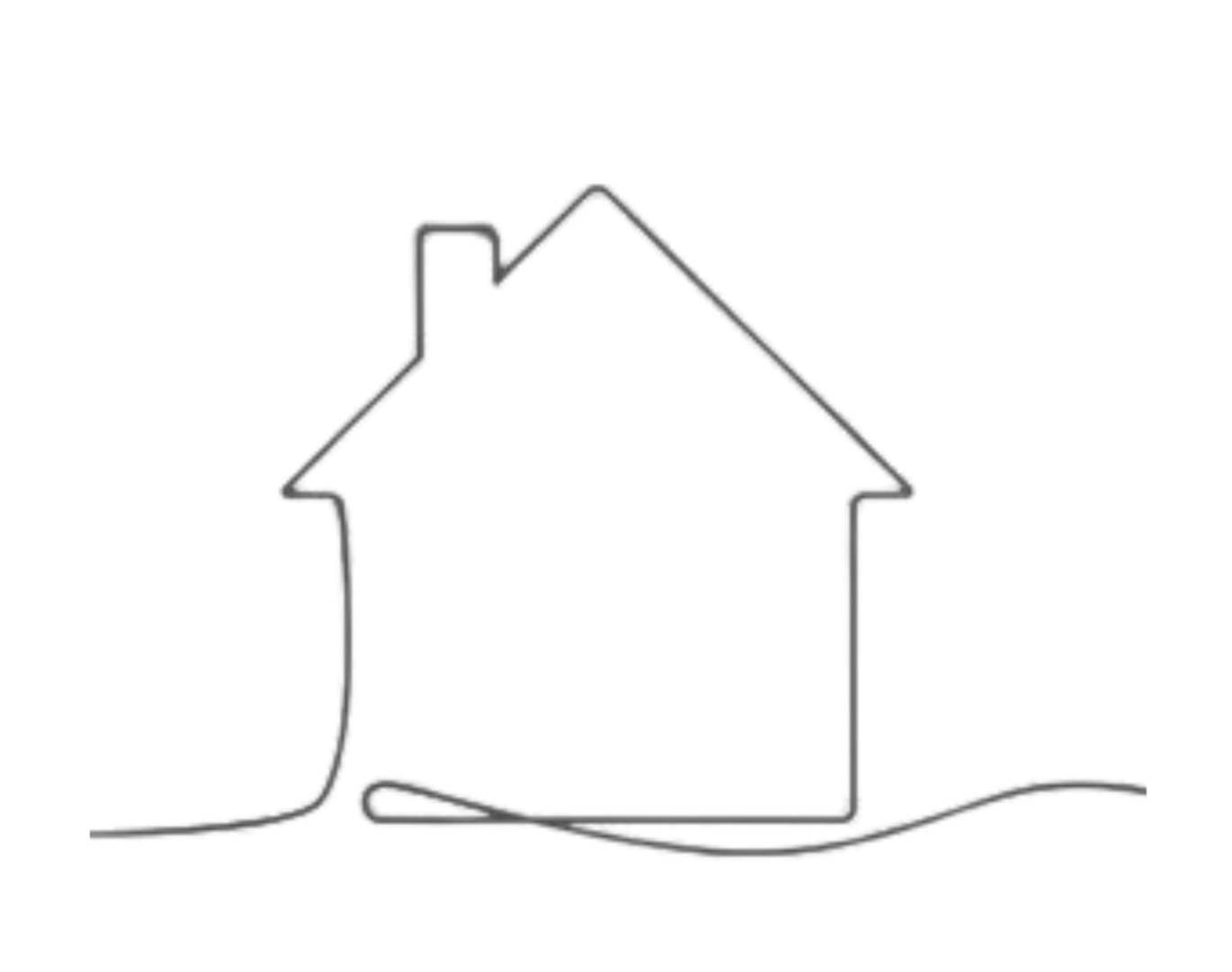 Outline of a house with a sloped roof and chimney, drawn with a single continuous line, on a black background.