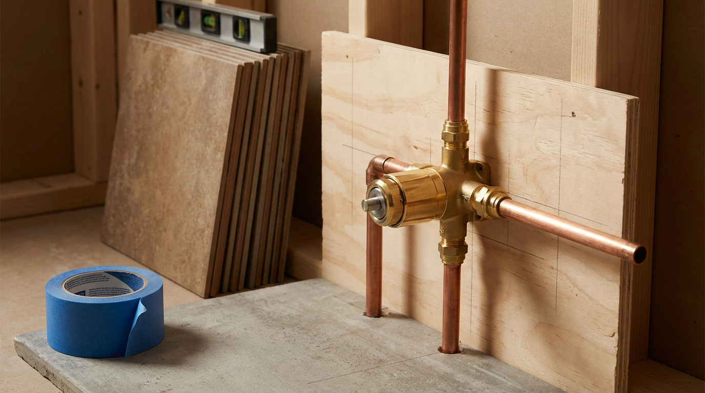 Close-up view of plumbing components, including copper pipes and a brass valve, mounted on a wooden board, with building materials like wood and tiles in the background, and a roll of blue painter's tape on a concrete surface.