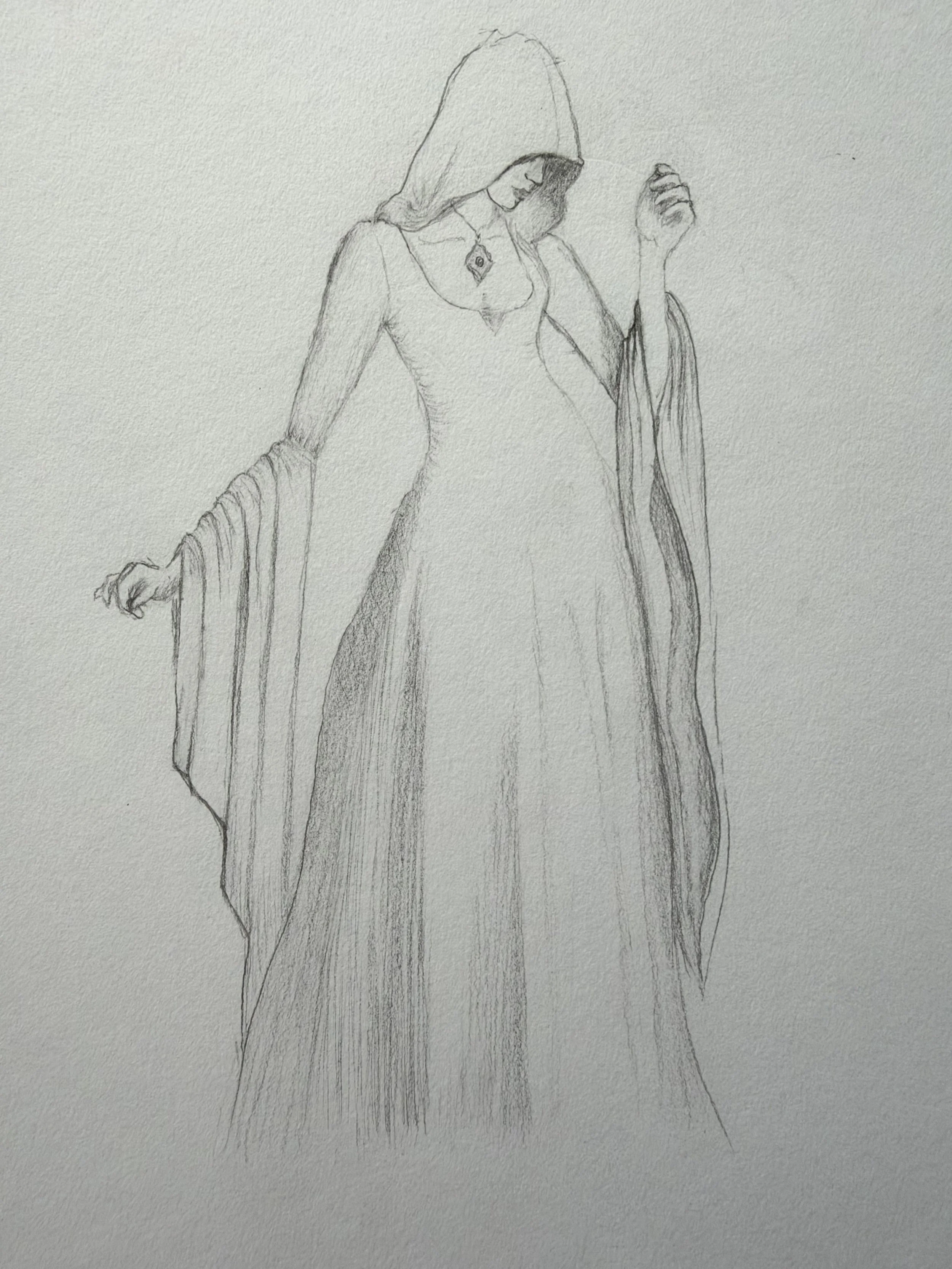 A pencil sketch of a woman in a flowing dress with a hood, holding a long cloth or sash, with her head bowed and eyes closed.