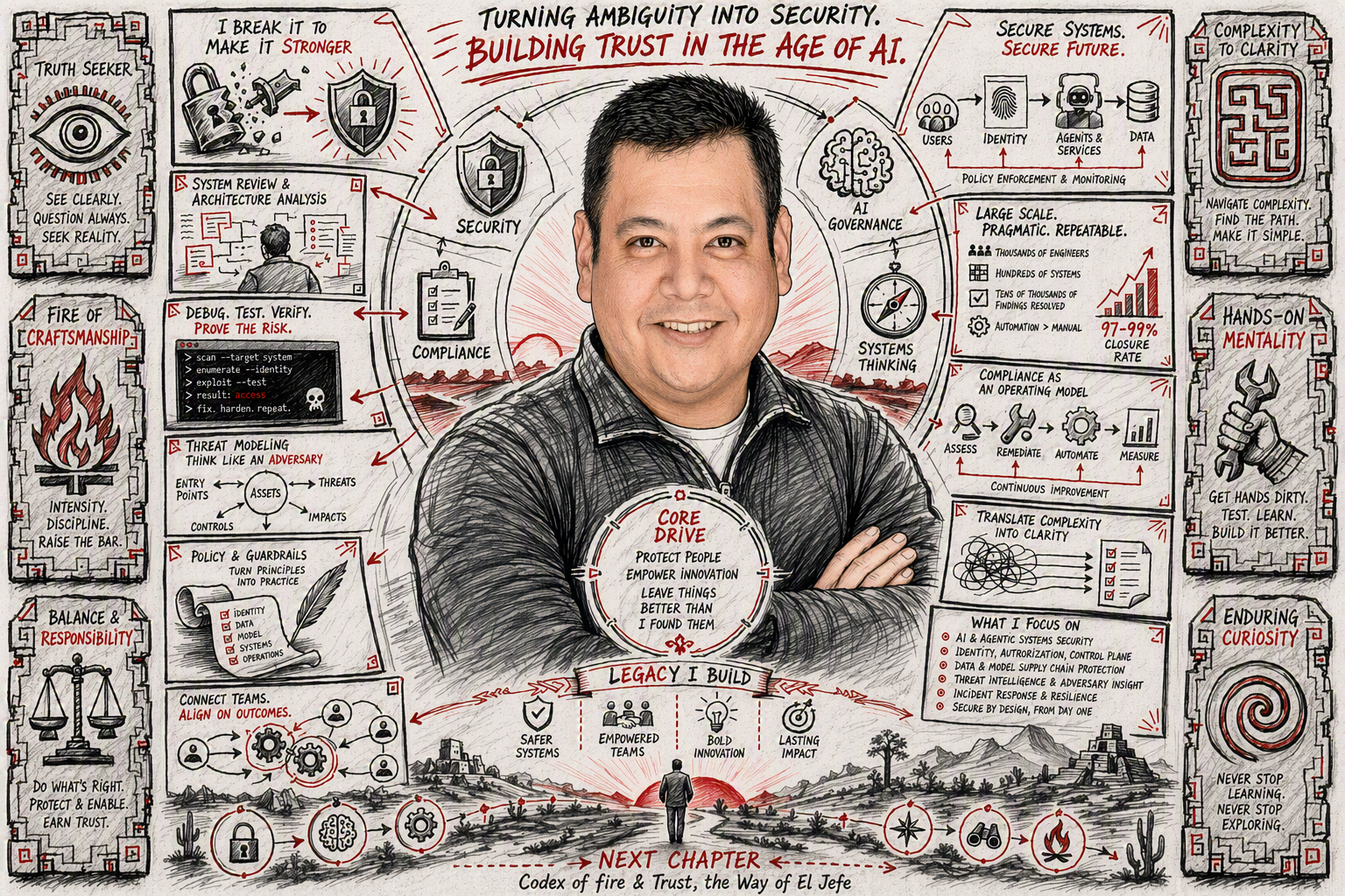 A detailed infographic featuring a smiling man at the center titled 'Turning Ambiguity into Security: Building Trust in the Age of AI.' The infographic highlights key themes such as security, compliance, AI governance, systems thinking, cybersecurity, and a core drive to protect, empower, and improve. It includes sections on system review, architecture analysis, debugging, threat modeling, policies, and continuous improvement processes. Additional themes emphasize craftsmanship, responsibility, curiosity, and legacy building through secure and resilient systems, with illustrations of landscapes, tools, and symbols related to AI and security.