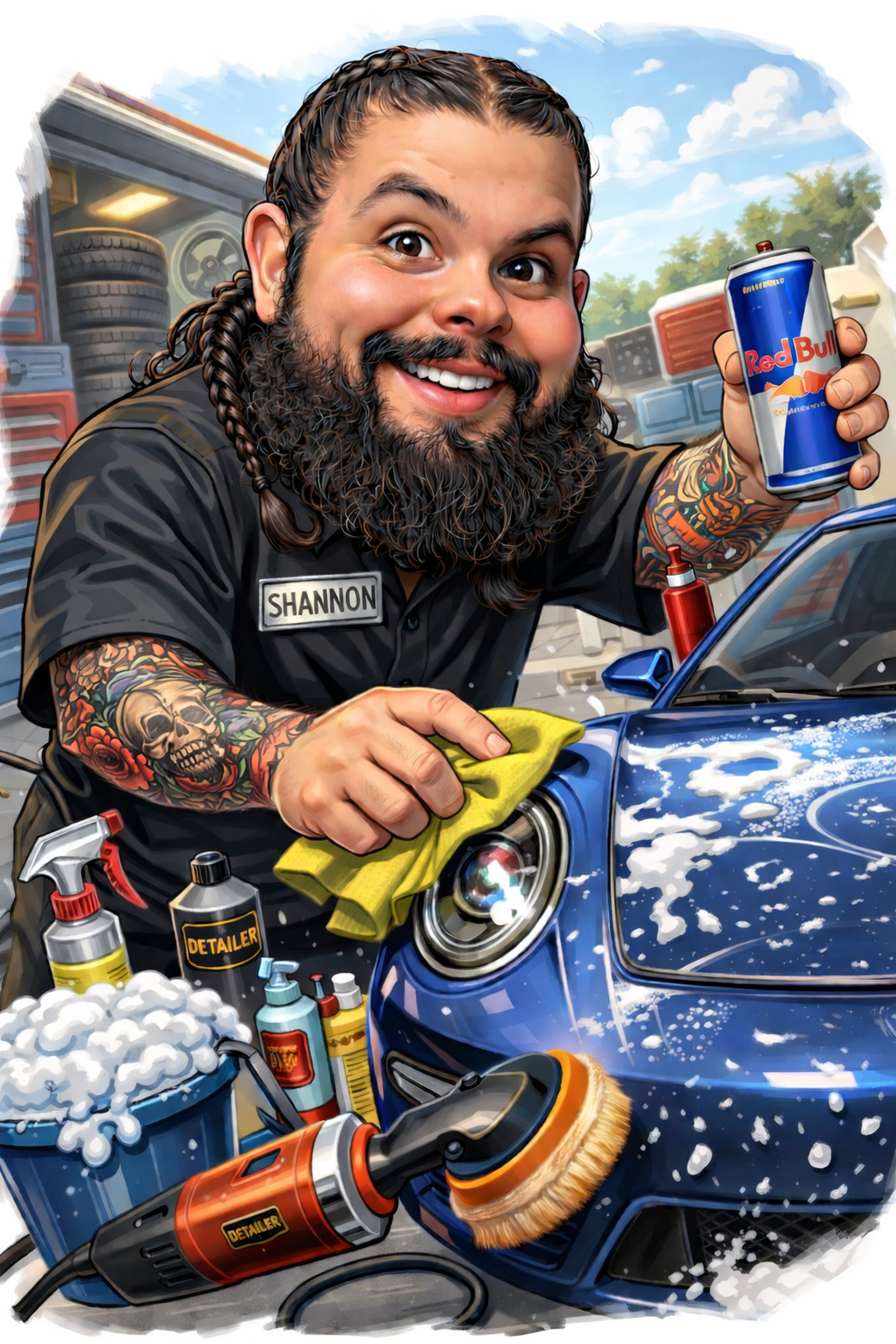 A cartoon mechanic with long braided hair, a full beard, and colorful tattoos, wearing a black work shirt with a name tag that says 'Shannon', is washing a blue sports car with soap and a sponge, while holding a can of Red Bull. The garage background has shelves with tires and car parts, and the workspace is filled with cleaning and detailing supplies.