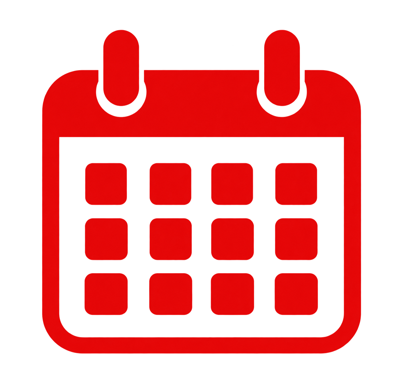 Red icon of a calendar with a grid of squares representing days.
