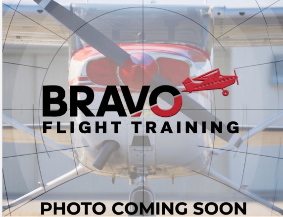 Front view of a small airplane with BRAVO Flight Training logo and a red flight instructor icon.