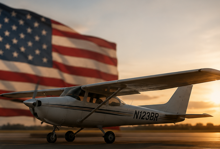 Small airplane parked on runway with American flag waving in the background during sunset.