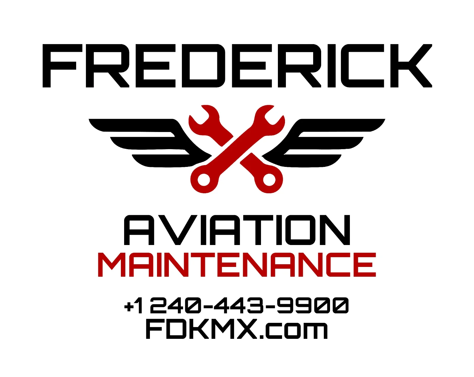 Frederick Aviation Maintenance logo with red and black text and an image of two crossed wrenches with wings.