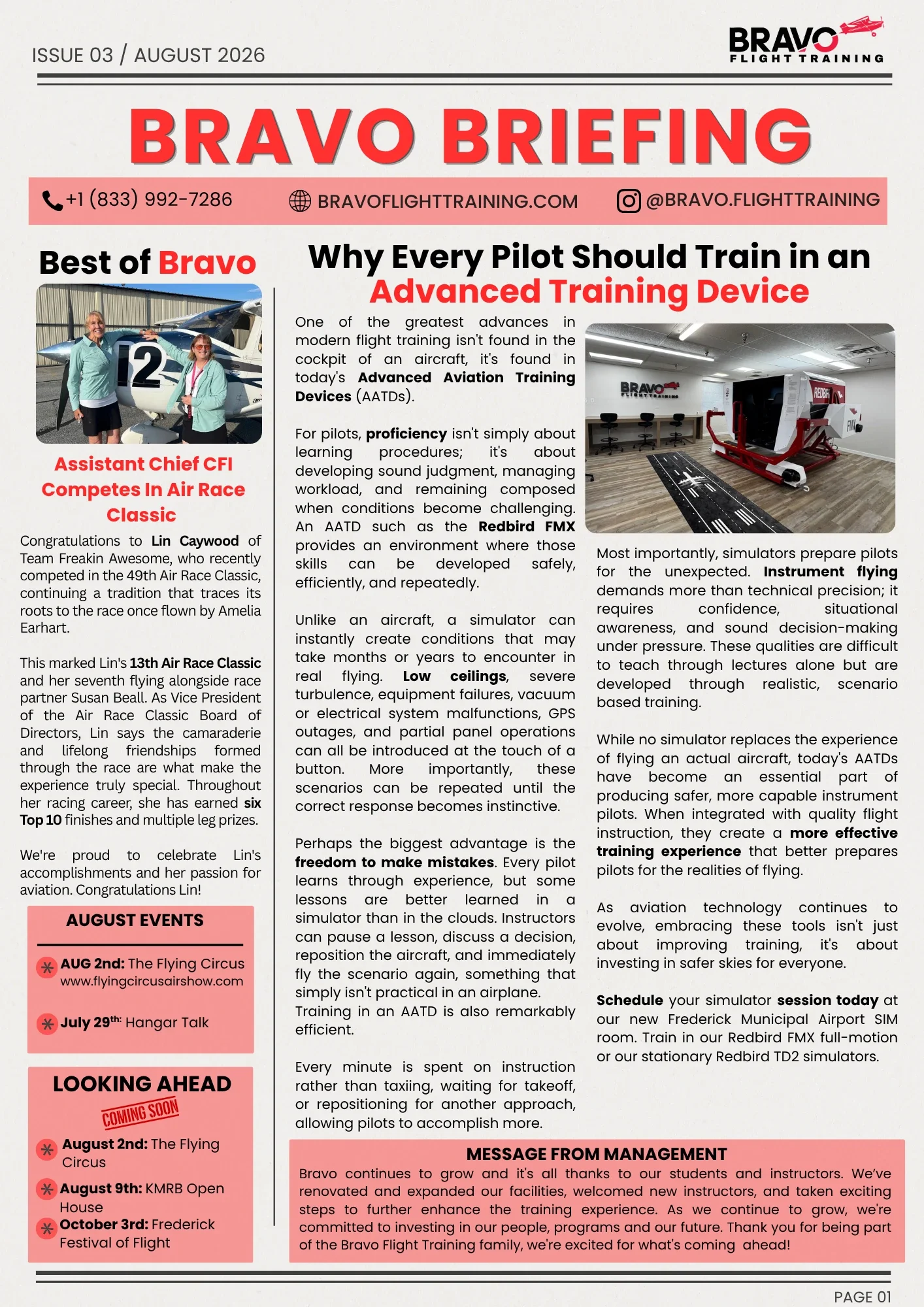 A newsletter titled 'Bravo Briefing' from August 2026, featuring articles on flight training advancements, a sidebar on upcoming events, two photos of pilots and flight simulators, and contact details for Bravo Flight Training.