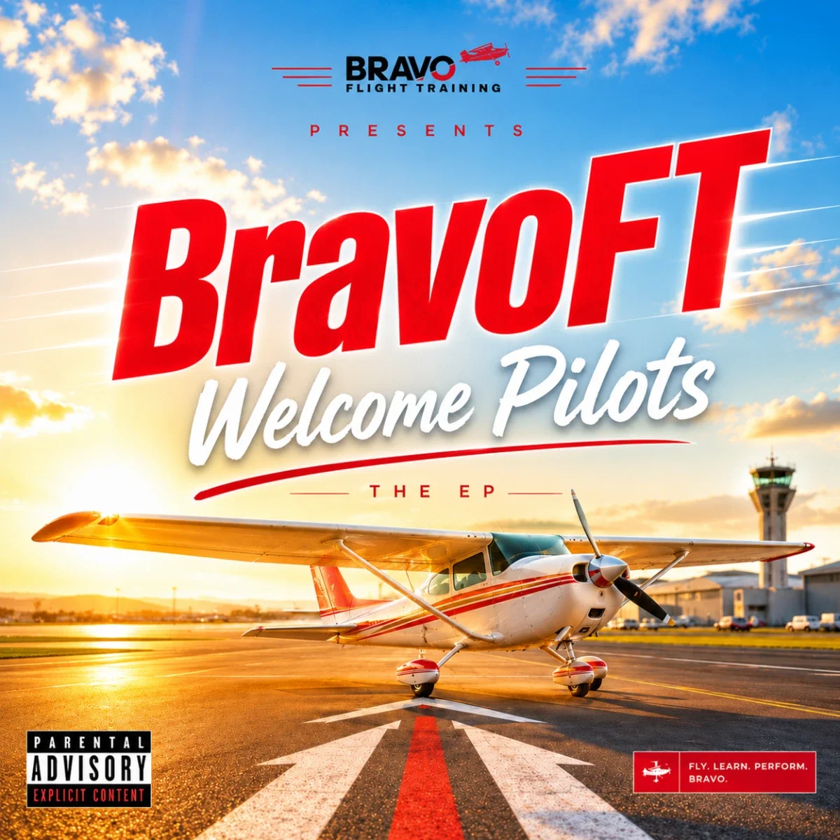 Cover art for Welcome Pilots: The EP by Bravo Flight Training — a Cessna on the runway at sunset with a vinyl record