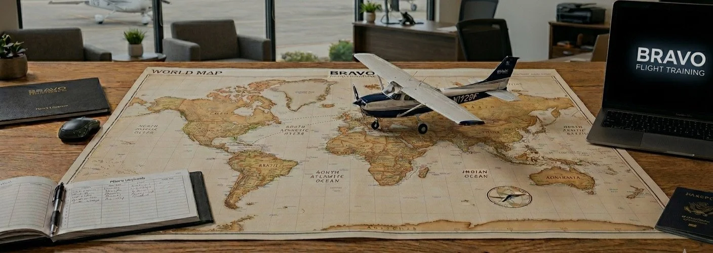 A world map spread on a wooden table with a toy airplane, a flight training laptop, a pilot logbook, a mouse, and a passport. Background shows chairs and windows with an airport runway outside.