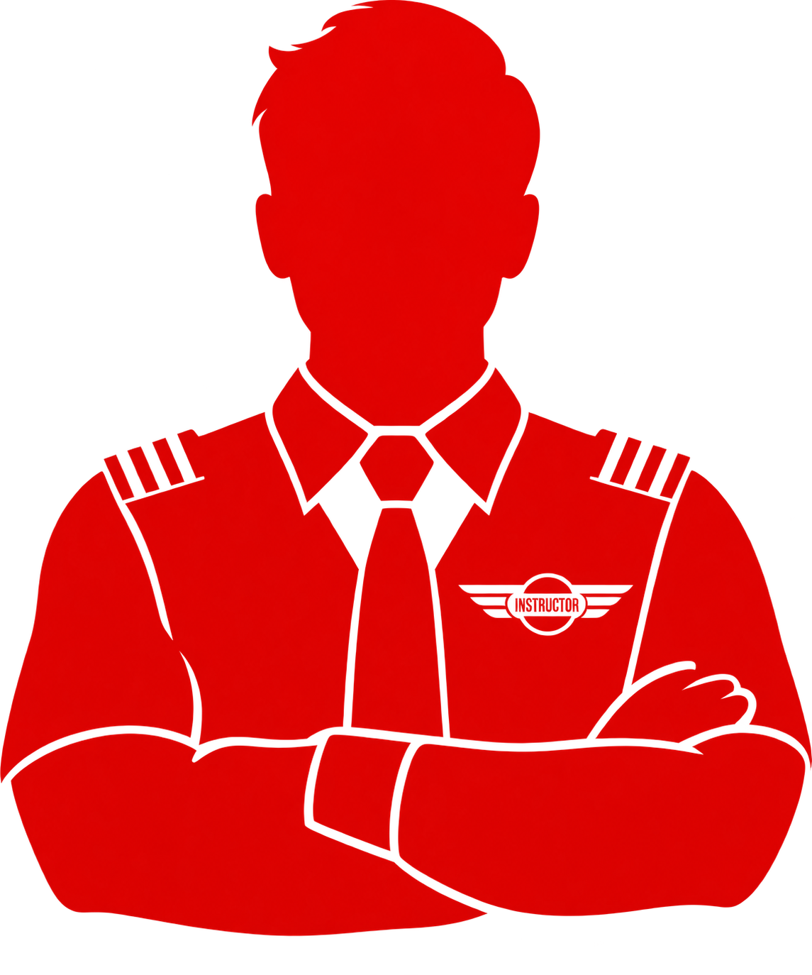Illustration of a man in a military pilot uniform with arms crossed, wearing a tie and wing insignia on the chest.