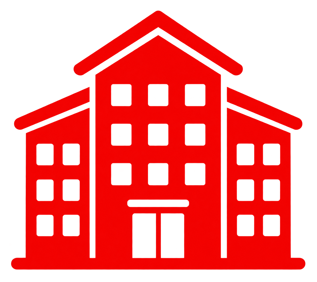 Red line drawing of a multi-story house with multiple windows and a central entrance.