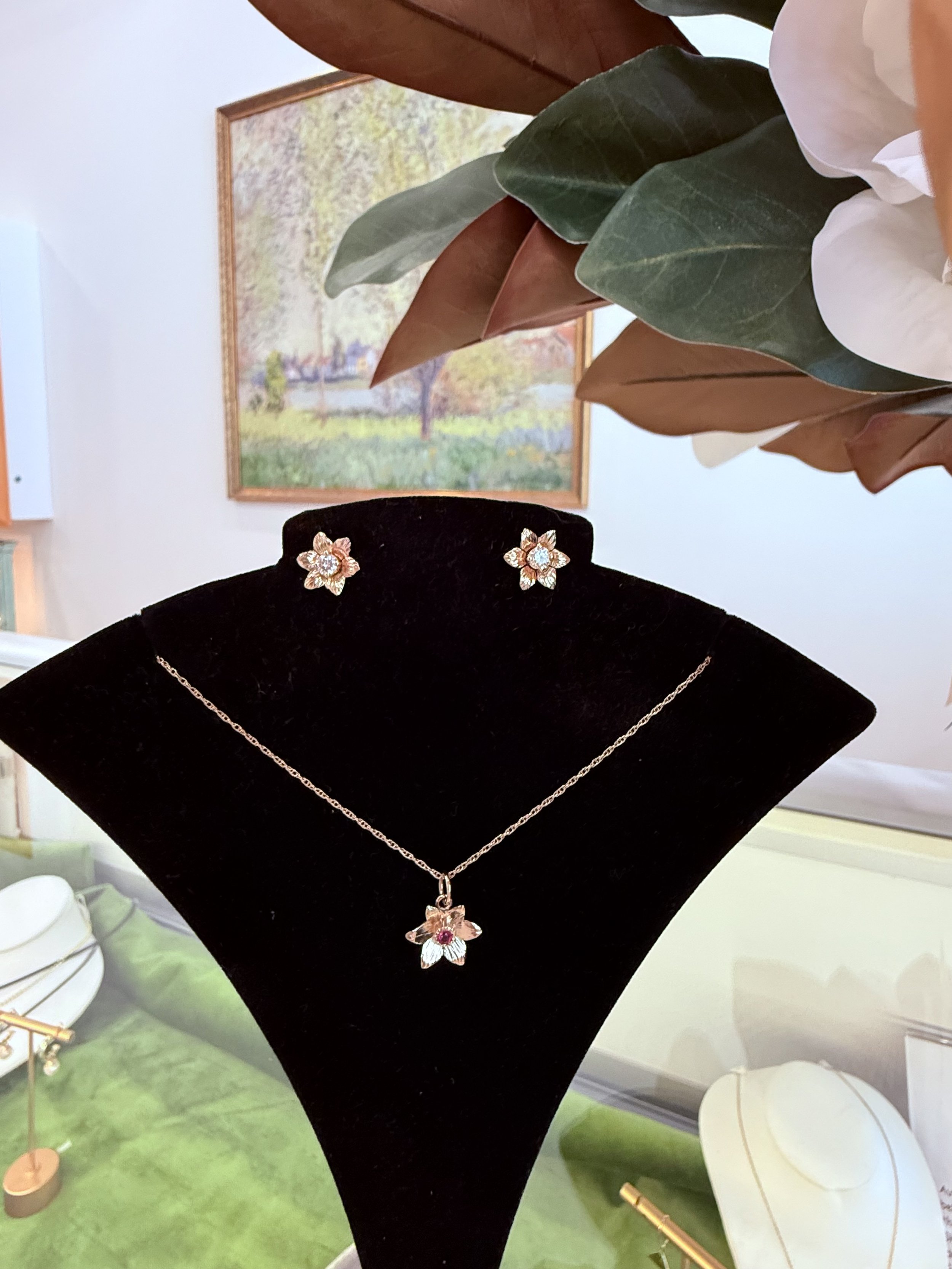 Necklace and earrings from our Fleur line, made to order with your choice of diamond or gemstone.