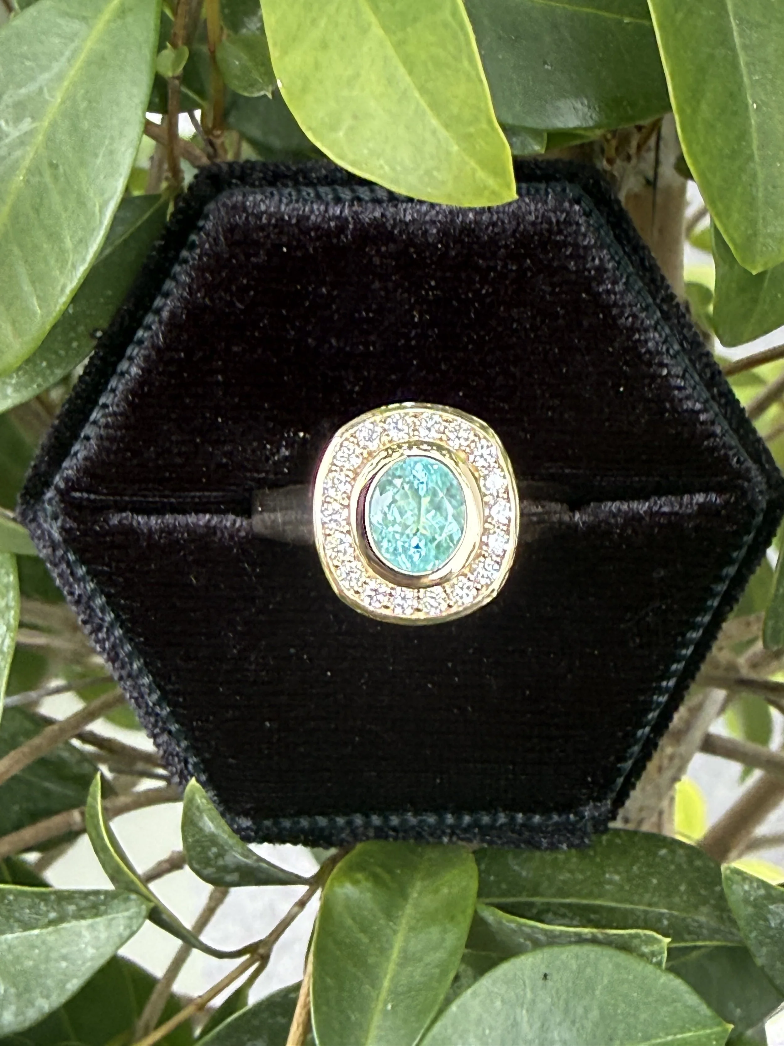 A 1.22 carat rare Pairaba Tormaline, considered and investment stone, known for it's rarity and called the "unicorn" of stones, set in one of Eliza's custom designed setting.