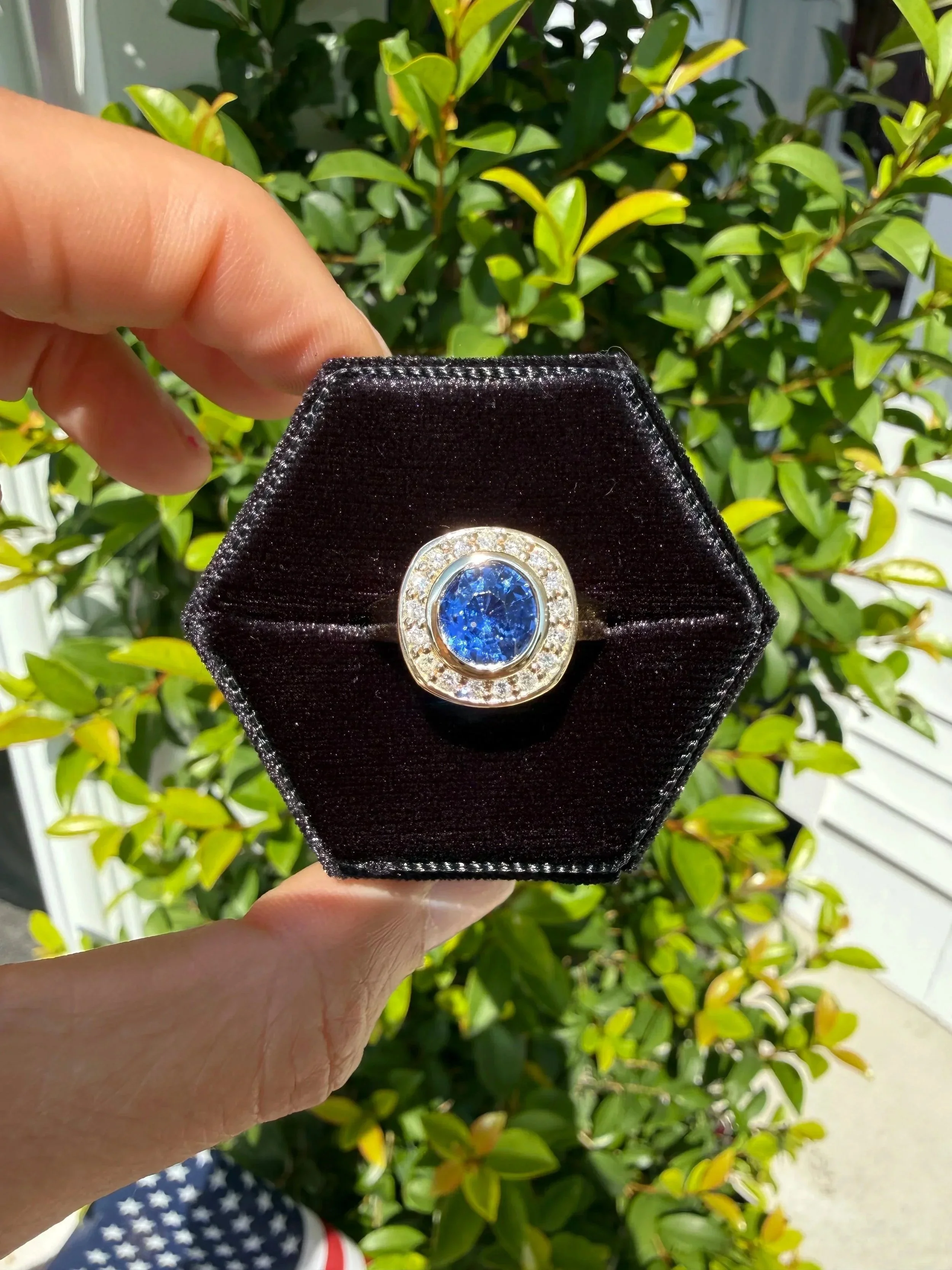 A hand holding a black velvet jewelry box with a large blue gemstone surrounded by smaller clear stones, outdoors with green foliage in the background.
